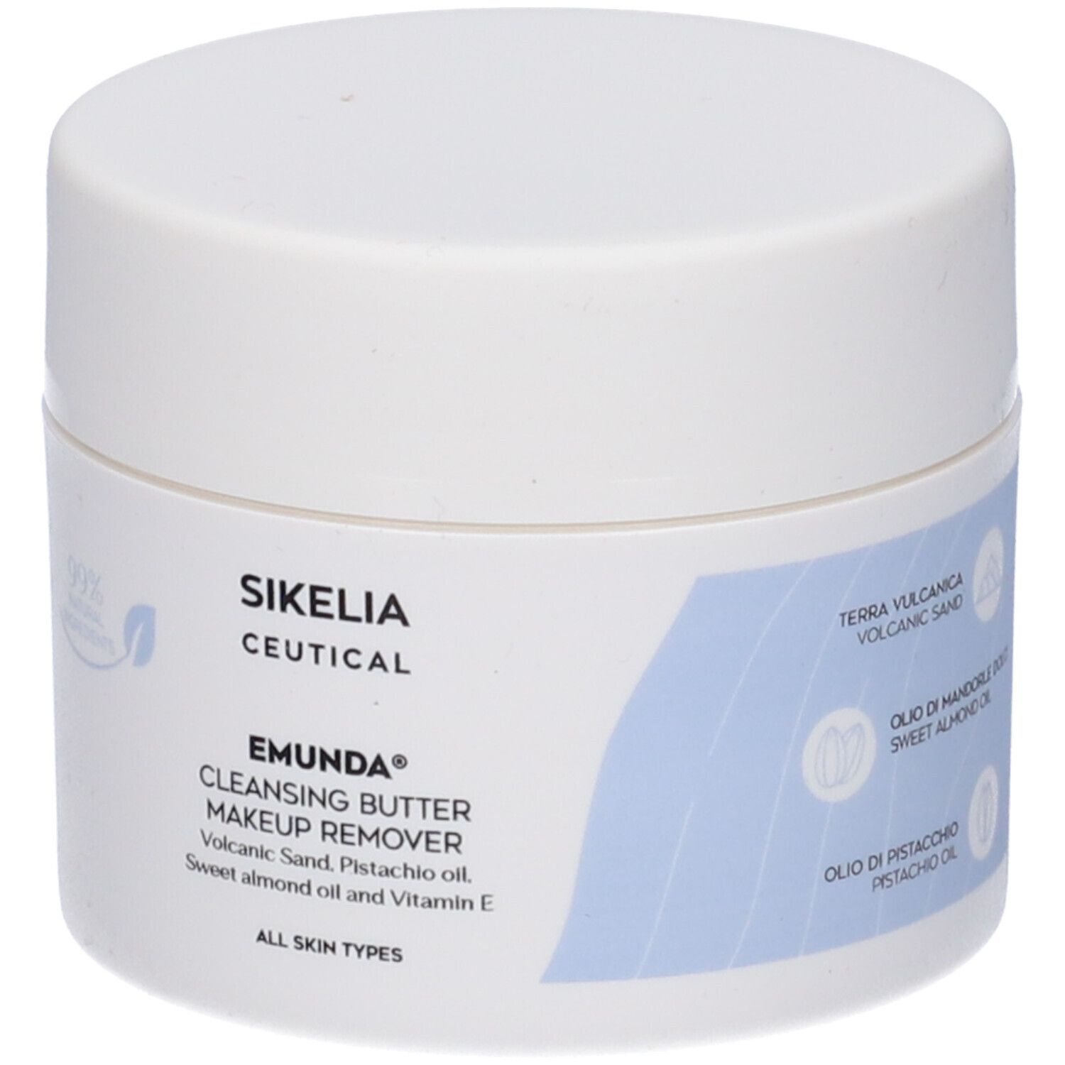 Vaso bianco con scritta: Sikelia Ceutical, Emunda Cleansing Butter Makeup Remover. Tutti i tipi di pelle.