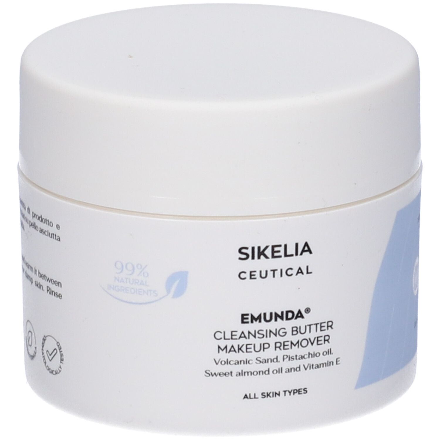 Vaso bianco con scritta: Sikelia Ceutical, Emunda Cleansing Butter Makeup Remover. 99% ingredienti naturali.