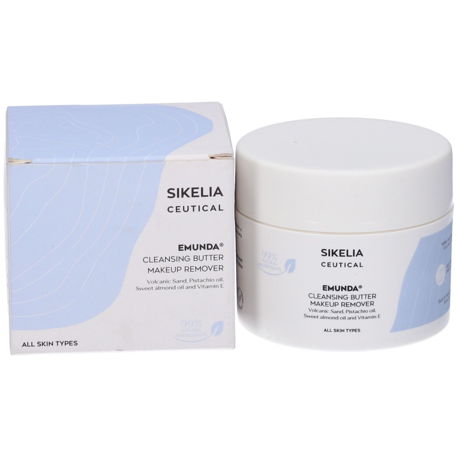 Vaso bianco e confezione. Scritta: Sikelia Ceutical, Emunda Cleansing Butter Makeup Remover. Tutti i tipi di pelle.