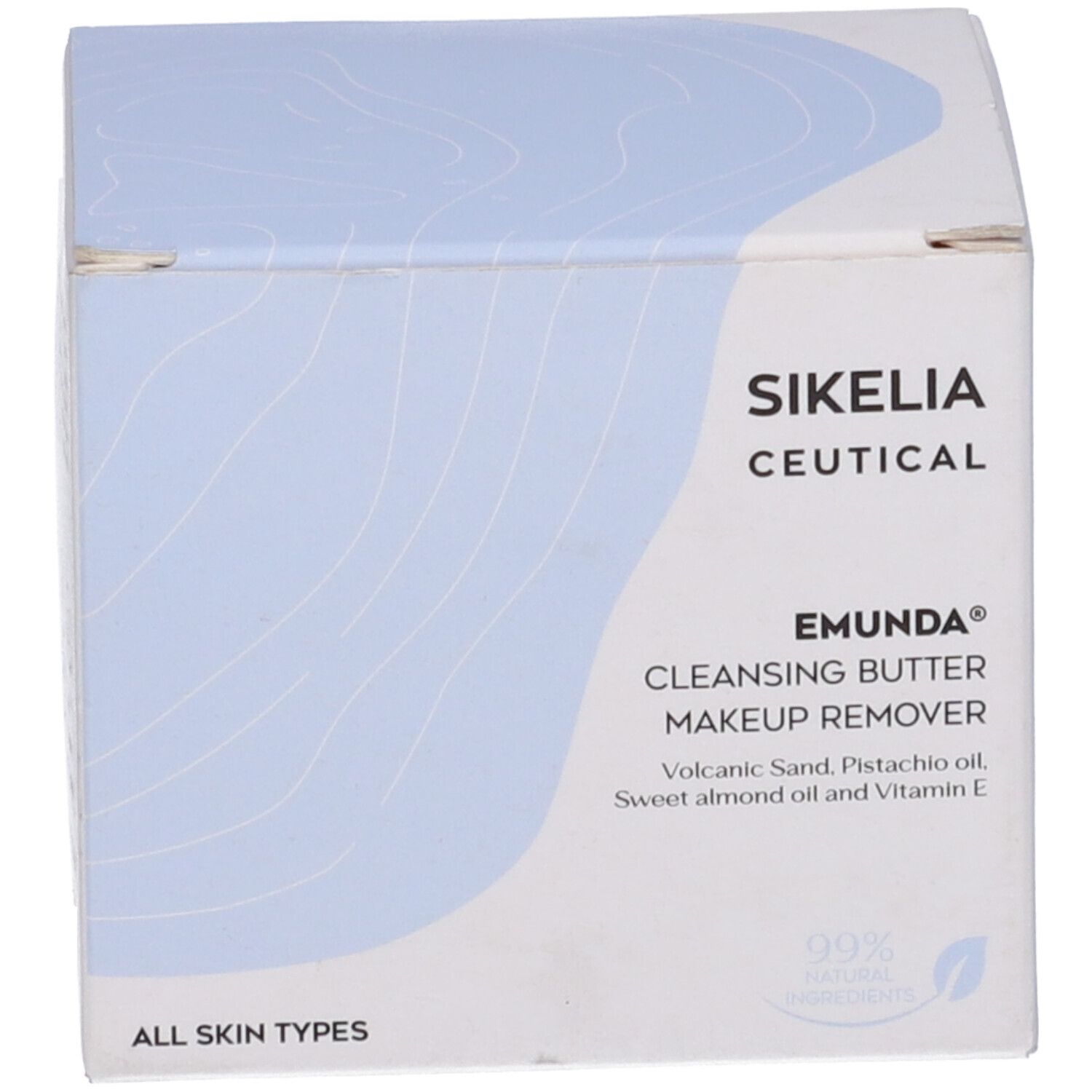 Confezione con scritta: Sikelia Ceutical, Emunda Cleansing Butter Makeup Remover. 99% ingredienti naturali.
