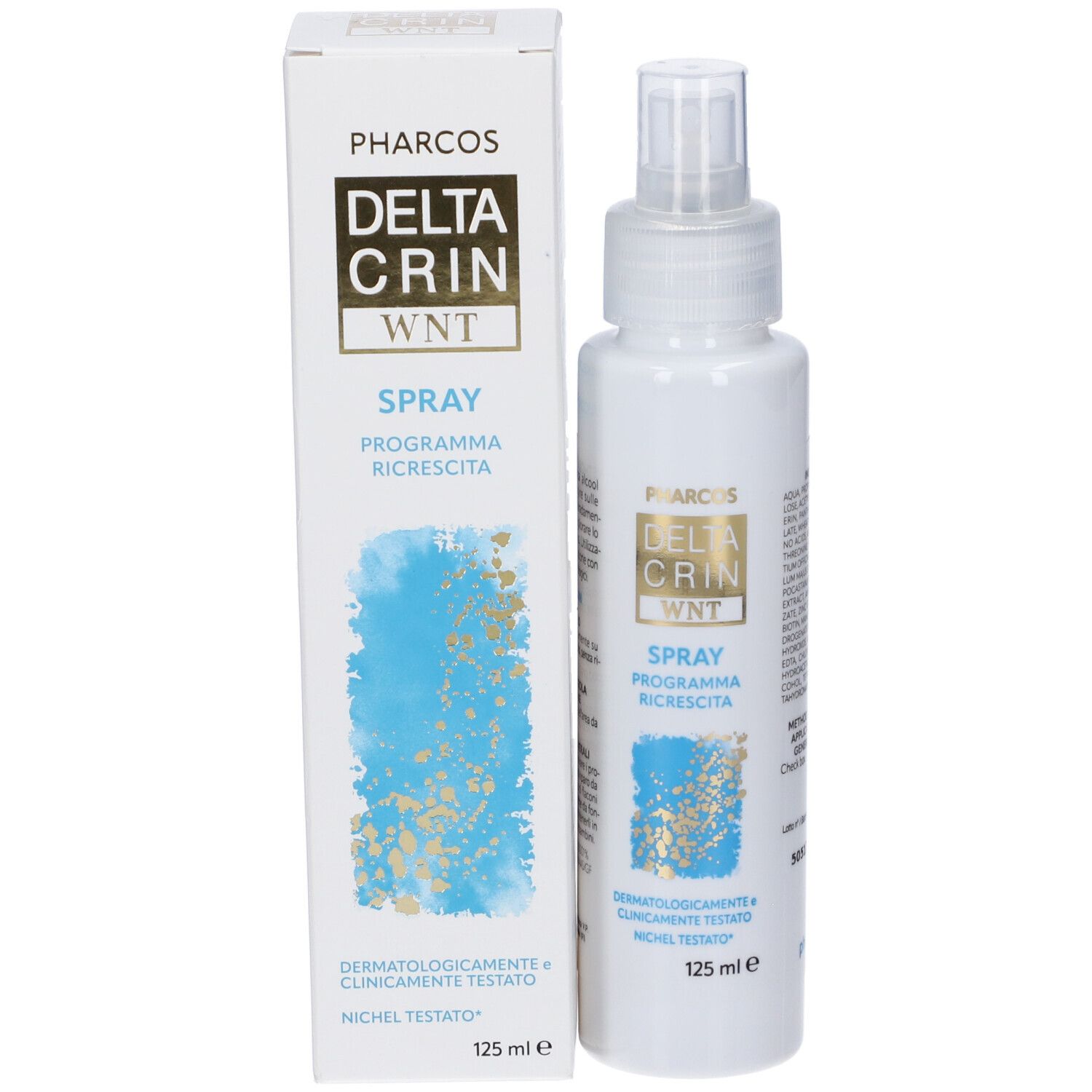 Confezione del prodotto e flacone spray. Confezione: bianca con grafica blu e oro. Flacone: bianco con erogatore trasparente.