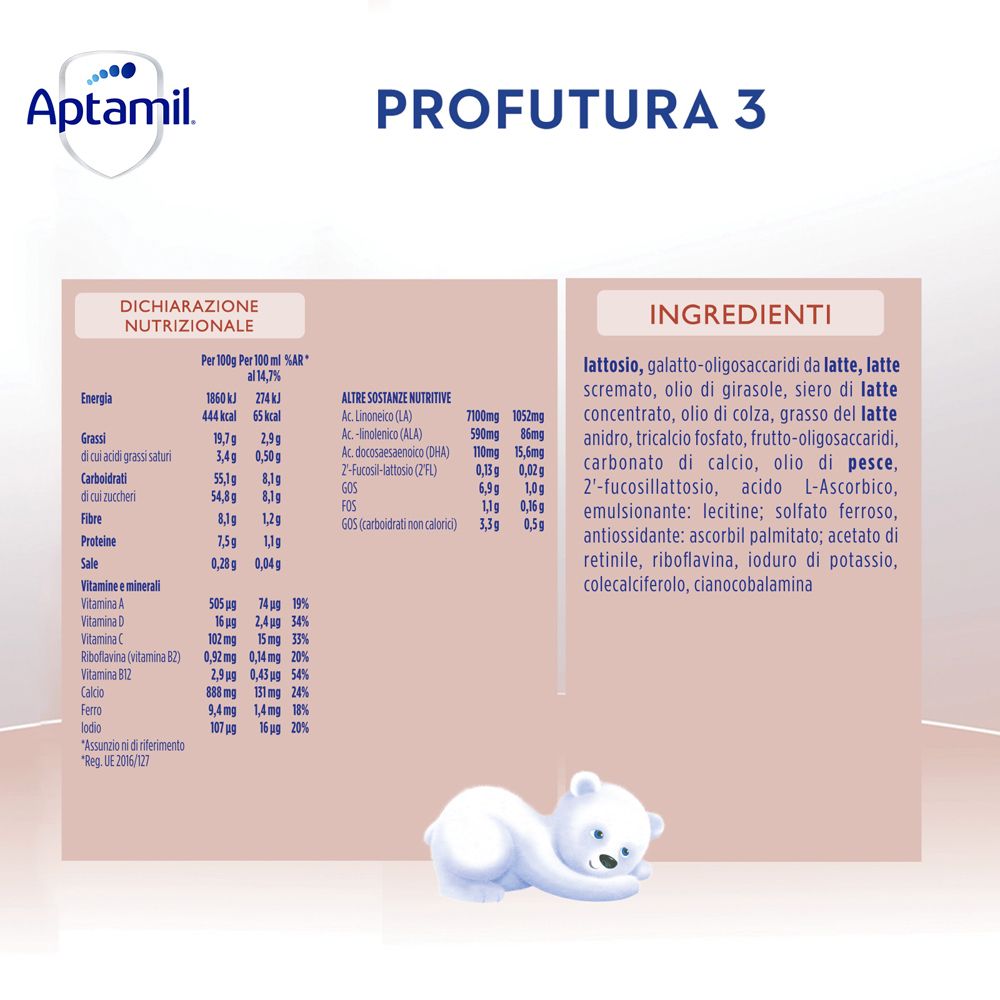 Aptamil Profutura 3 dichiarazione nutrizionale e ingredienti in italiano con un orsetto polare.