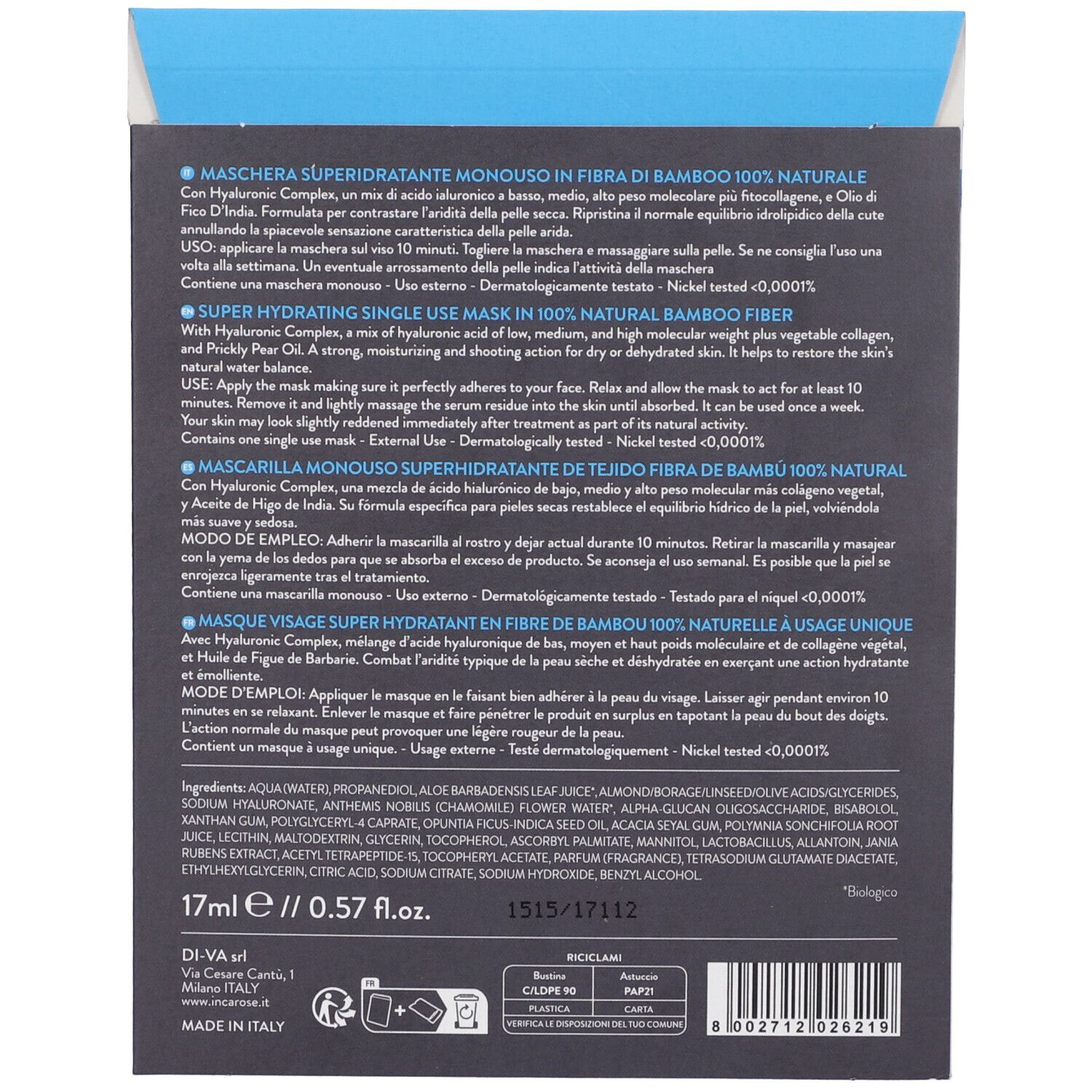 Retro confezione Hyaluronic Mask. Testo e ingredienti. 17ml/0.57 fl.oz. Logo Biologico.