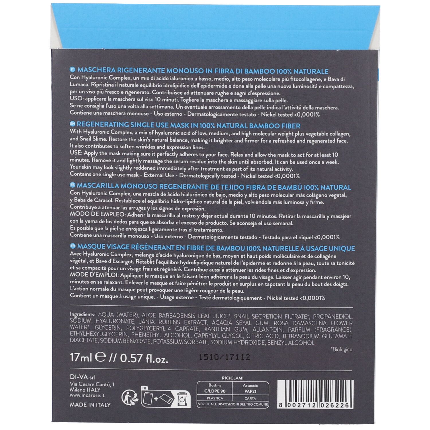 Retro della confezione della maschera. Testo: Maschera rigenerante monouso. Ingredienti, istruzioni per l'uso. 17ml. 0.57 fl. oz.