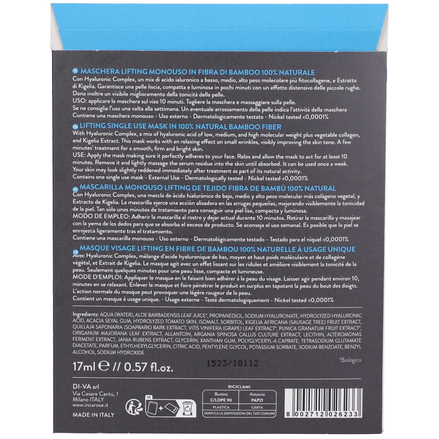 Retro della confezione. Testo: Lifting Single Use Mask in 100% Natural Bamboo Fiber. Ingredienti e istruzioni per l'uso.