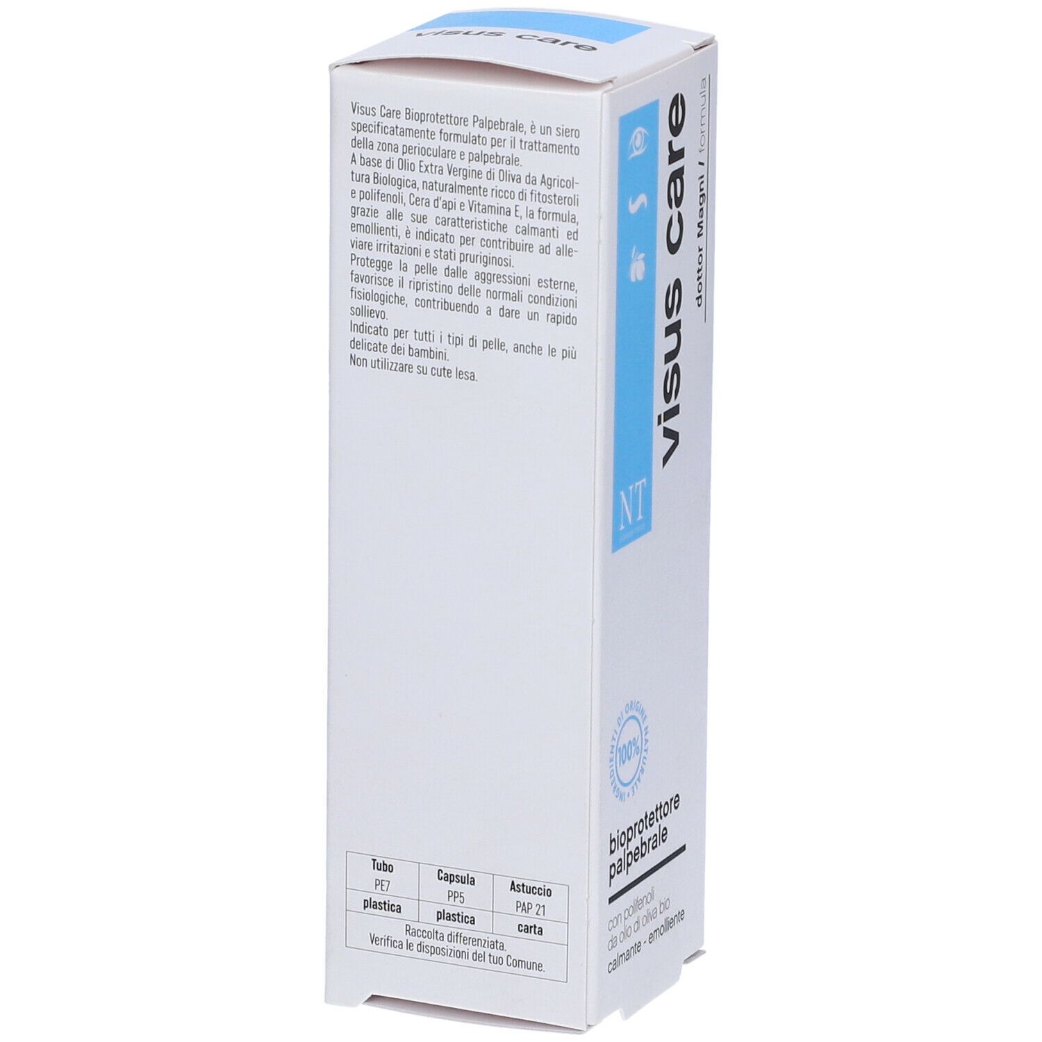 Retro della confezione bianca con informazioni sul prodotto. Scritta: visus care, bioprotettore palpebrale. Ingredienti.