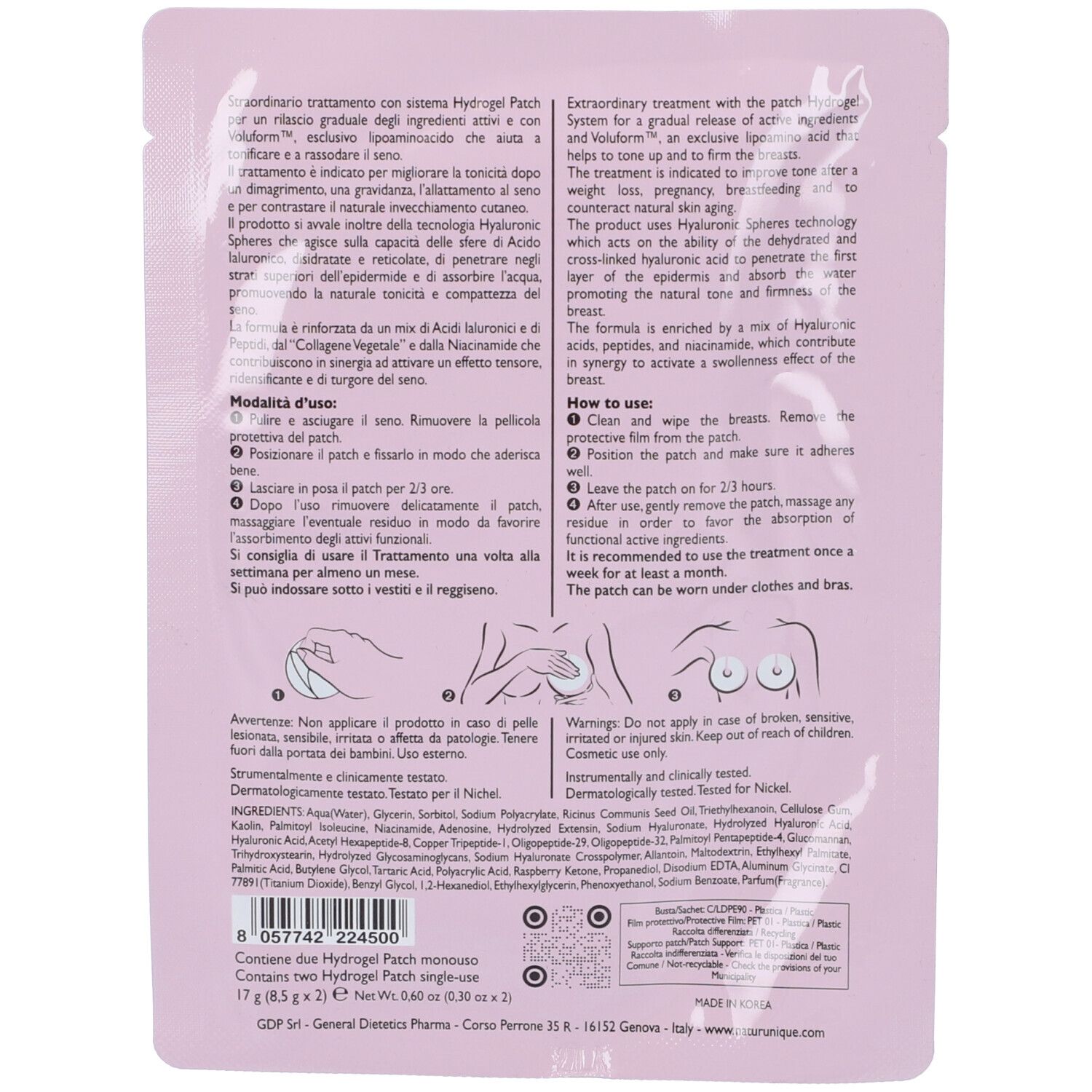 Retro della confezione rosa con testo. Contiene informazioni sull'uso e gli ingredienti. Testo: Hydrogel Patch.