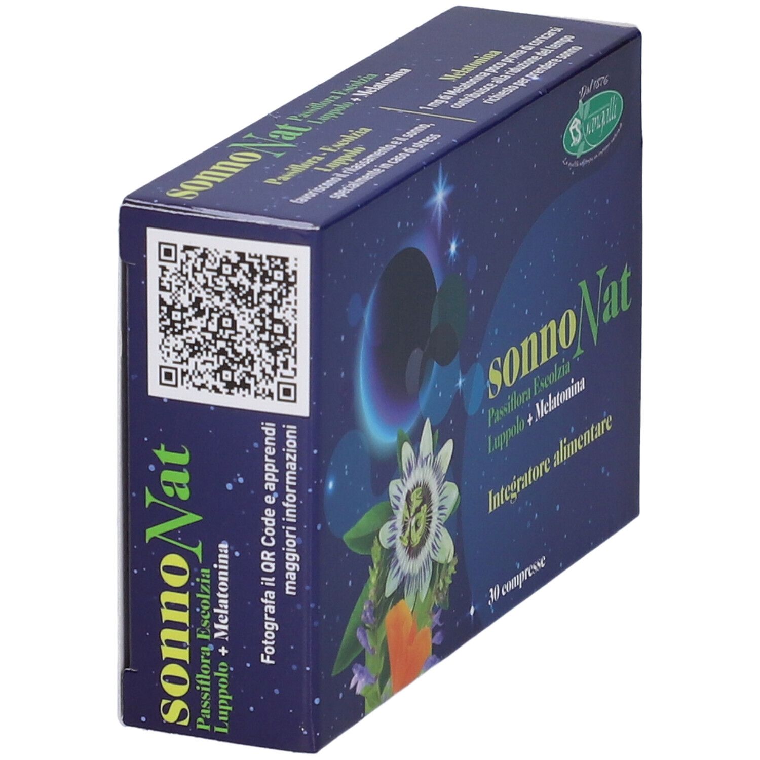 Scatola 'sonnoNat Compresse' con QR code. Confezione blu con design floreale. Vista angolare.