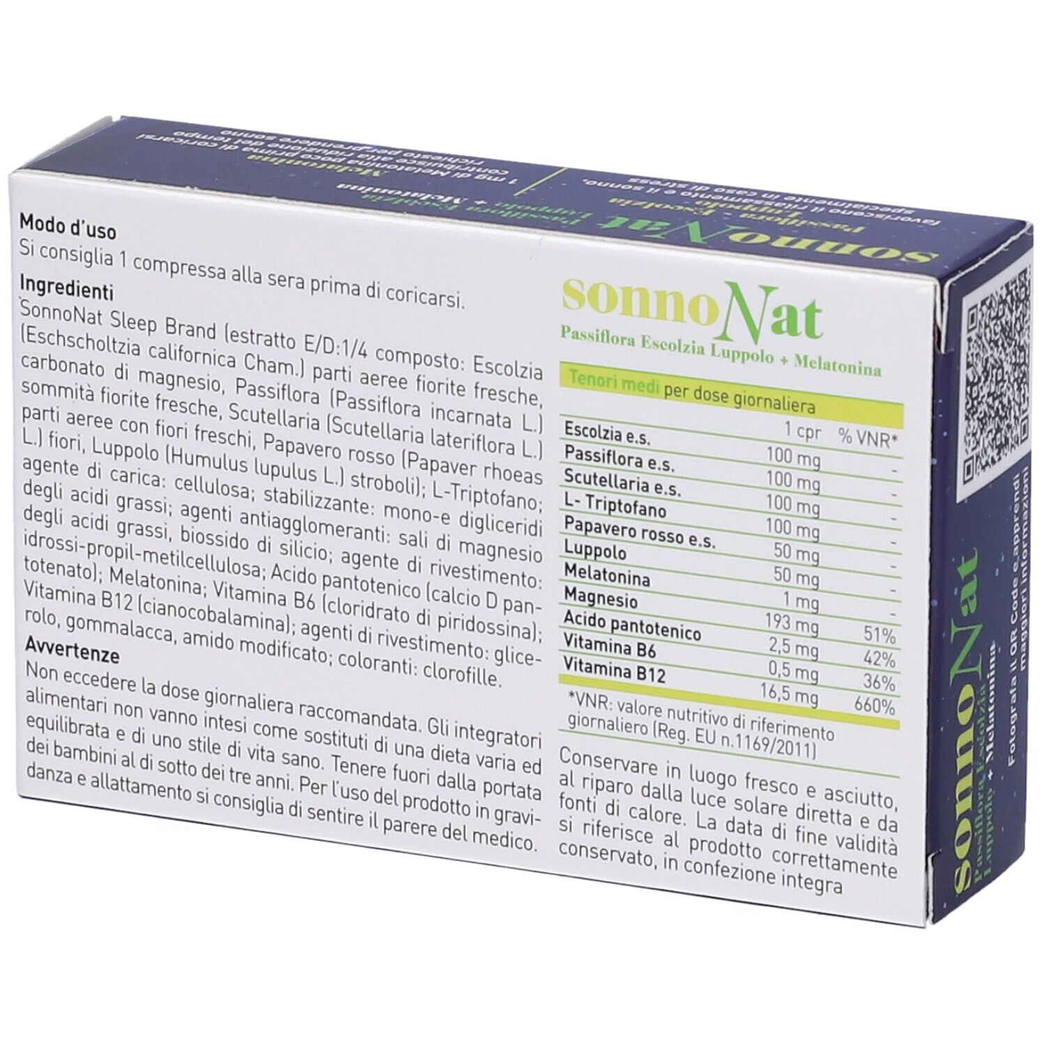 Retro scatola 'sonnoNat Compresse'. Contiene ingredienti e dosaggio. Testo in italiano.