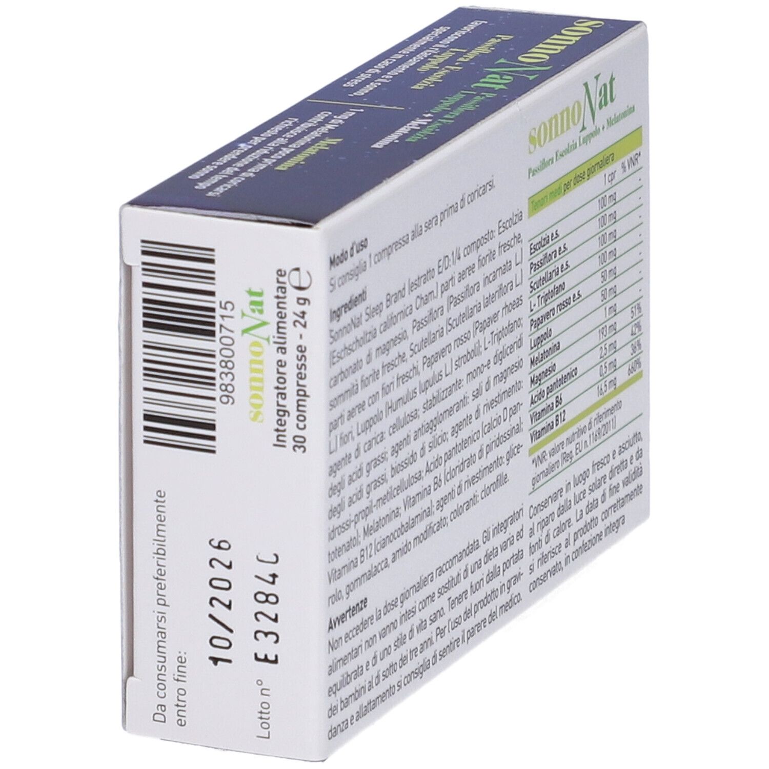 Vista laterale scatola 'sonnoNat Compresse'. Contiene informazioni e scadenza. Testo in italiano.