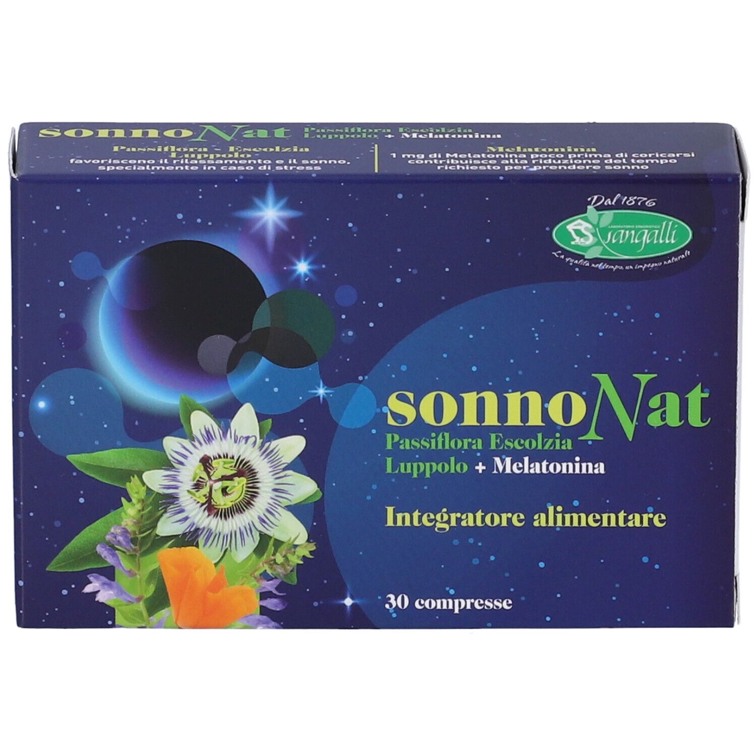 Fronte scatola 'sonnoNat Compresse'. Confezione blu con design floreale e informazioni. 30 compresse.