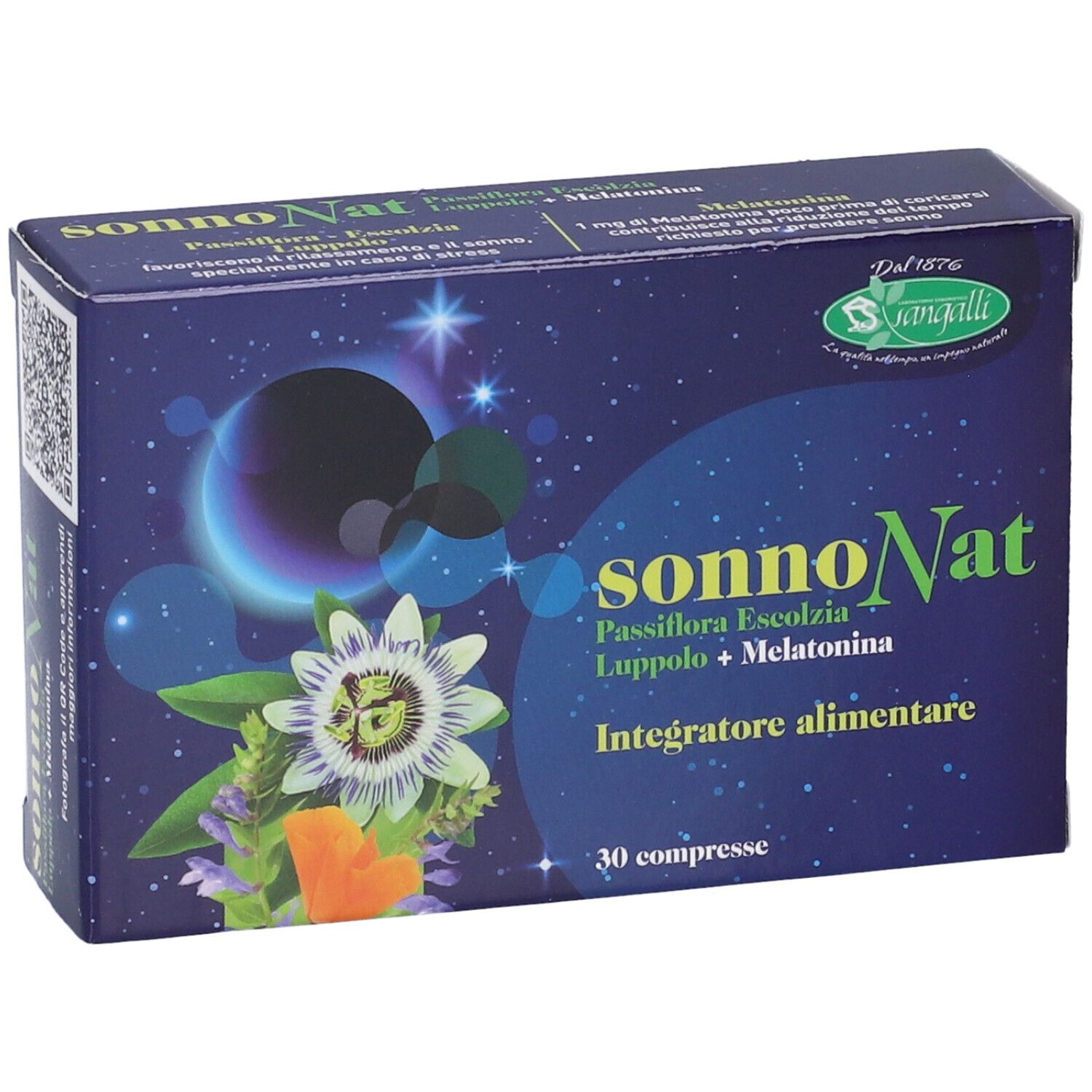 Fronte scatola 'sonnoNat Compresse'. Confezione blu con design floreale e informazioni. Vista angolare.