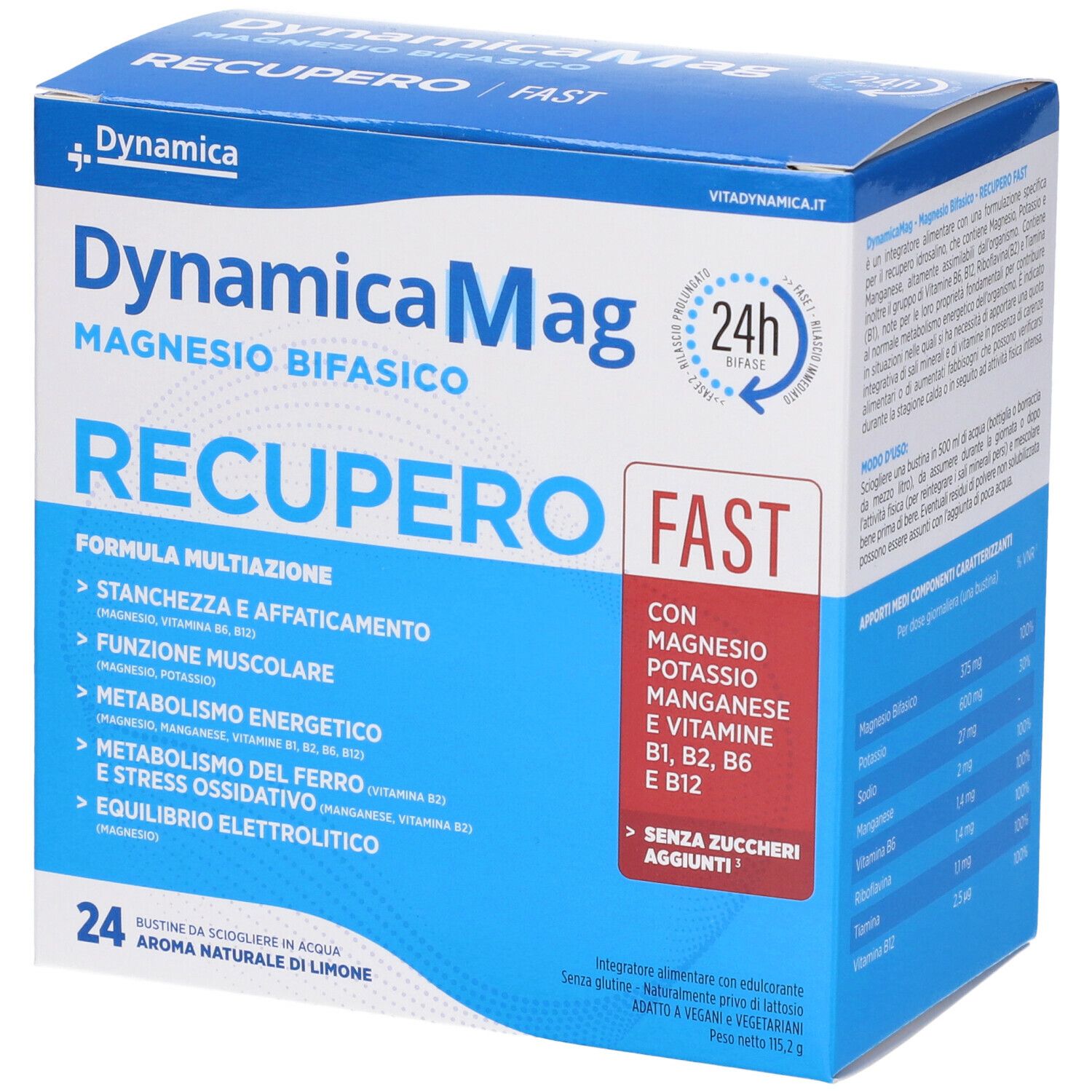 Scatola blu e bianca con nome del prodotto e ingredienti. Contiene magnesio, potassio, manganese, vitamine B1, B2, B6, E12.