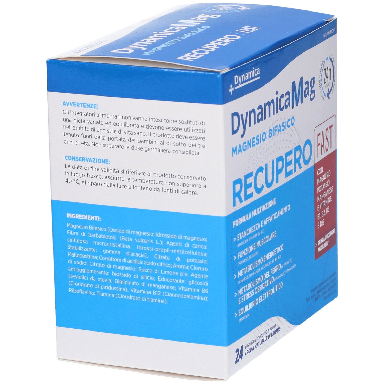 Scatola blu e bianca con nome del prodotto e ingredienti. Contiene magnesio, potassio, manganese, vitamine B1, B2, B6, E12.