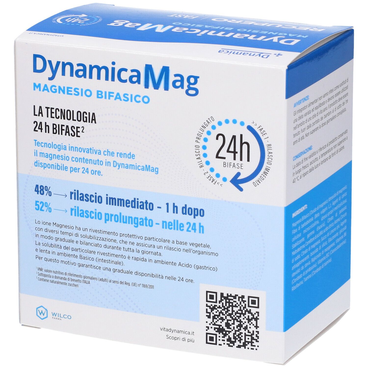 Scatola blu e bianca con nome del prodotto e informazioni sulla tecnologia 24h Biphase. Contiene magnesio.
