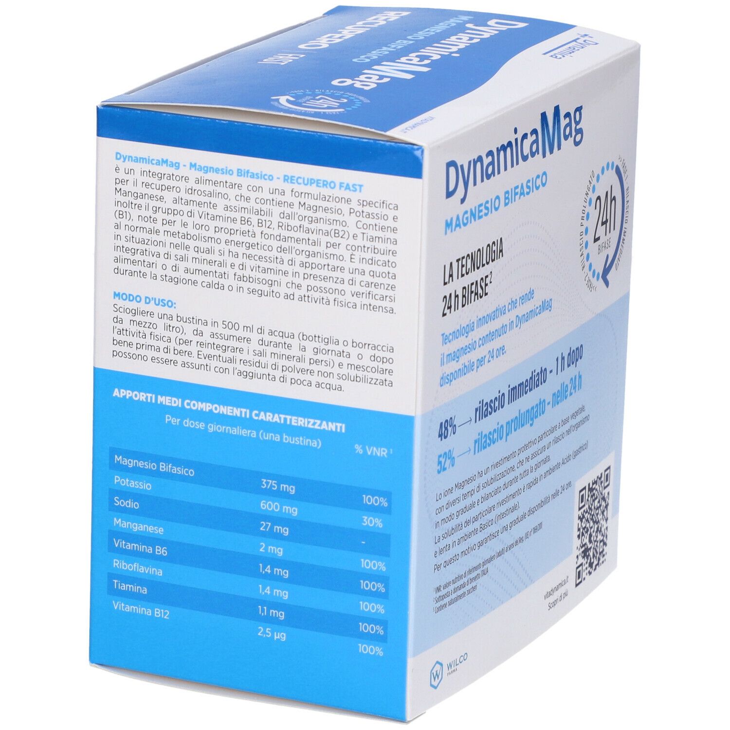 Scatola blu e bianca con nome del prodotto e informazioni sull'uso. Contiene magnesio, potassio, manganese, vitamine B1, B2, B6, E12.