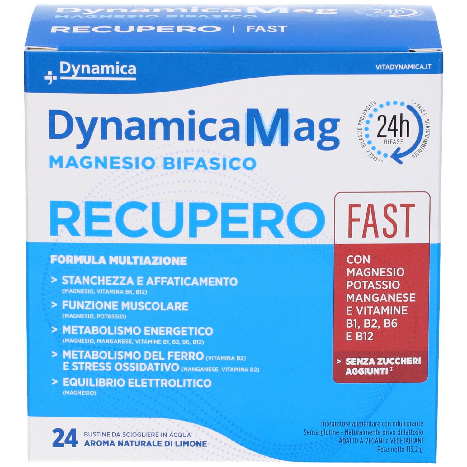 Scatola blu e bianca con nome del prodotto e ingredienti. Contiene magnesio, potassio, manganese, vitamine B1, B2, B6, E12.