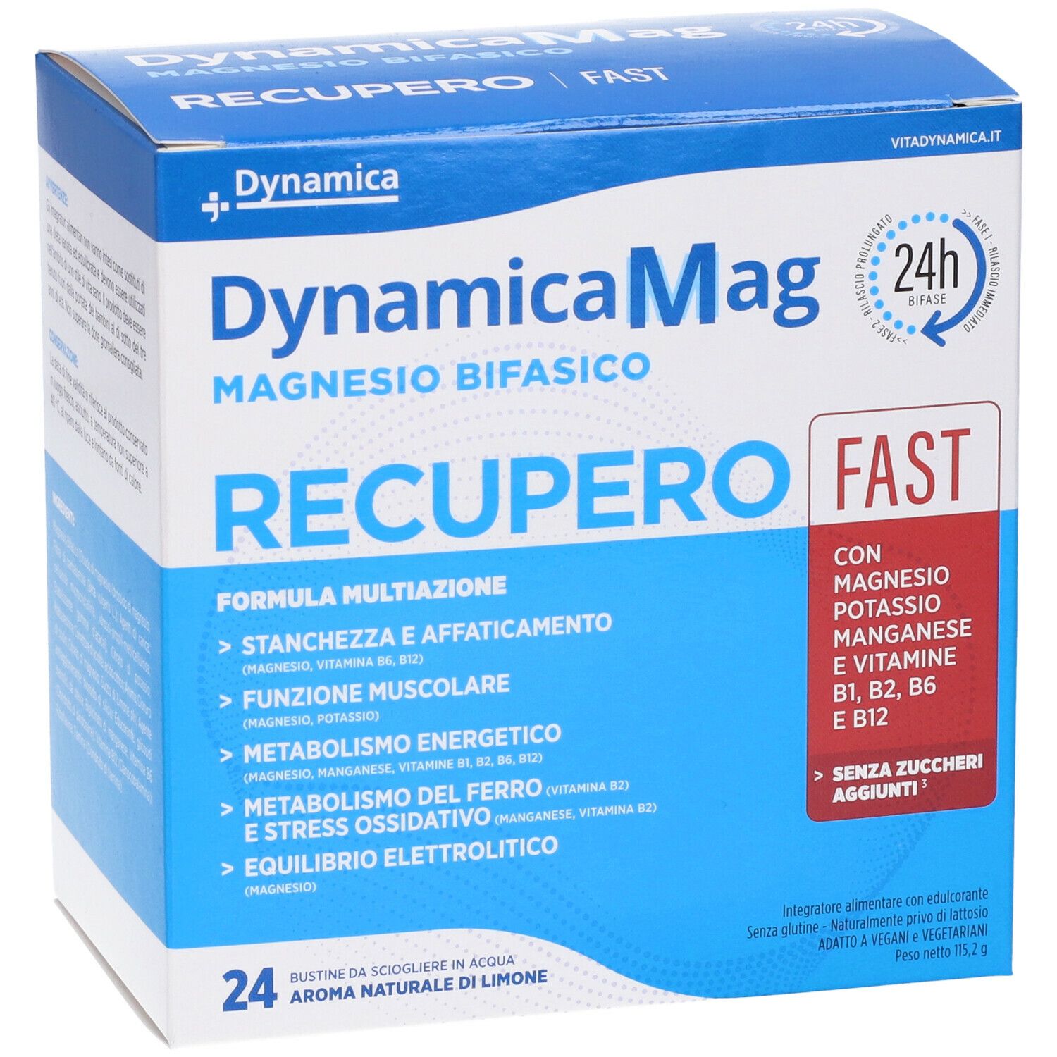 Scatola blu e bianca con nome del prodotto e ingredienti. Contiene magnesio, potassio, manganese, vitamine B1, B2, B6, E12.