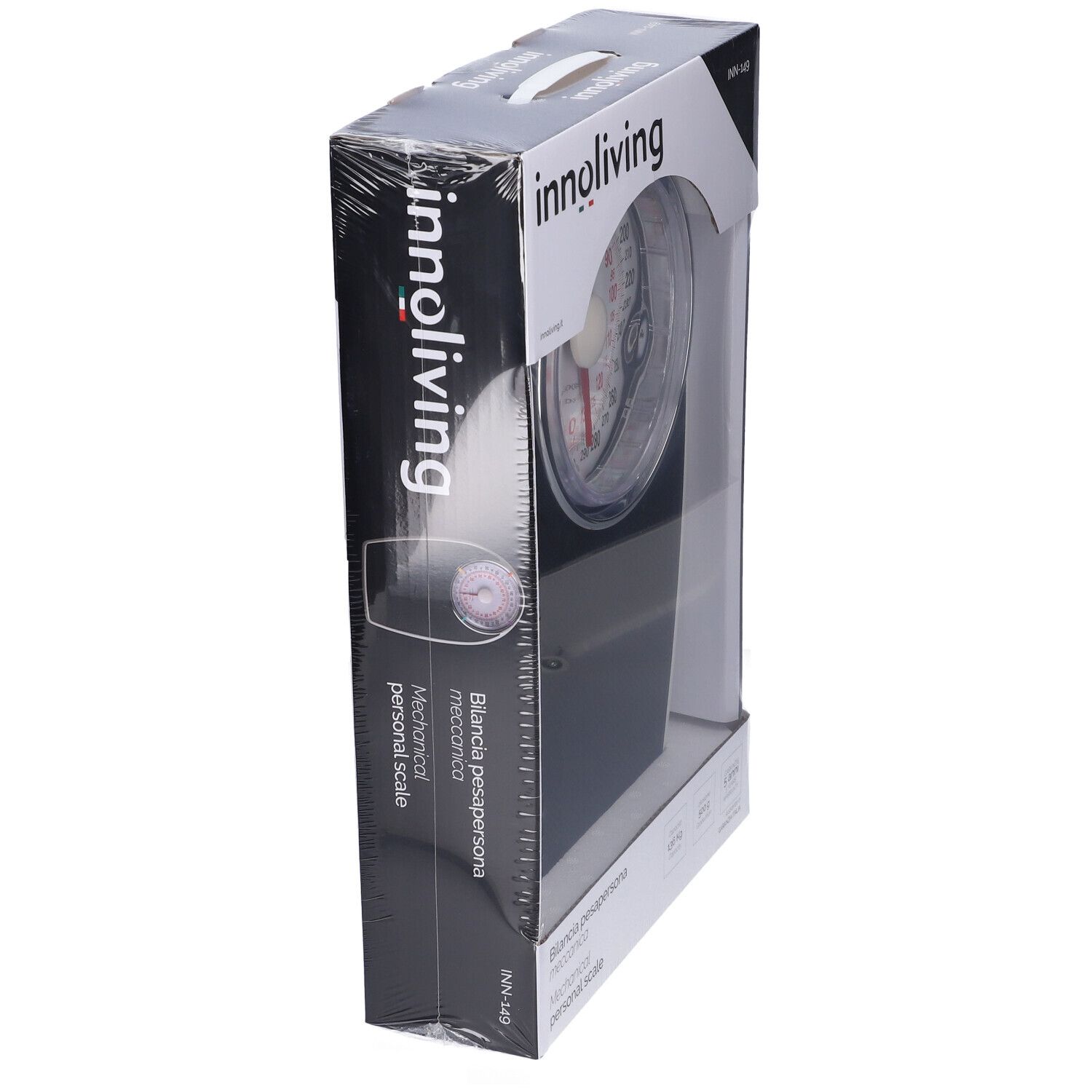 Bilancia meccanica per persone confezionata. Bilancia nera con quadrante rotondo, marchio innoliving. Confezione in plastica.