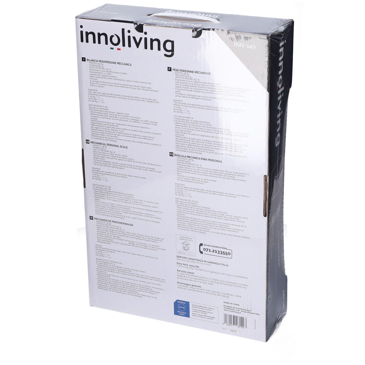 Retro della confezione di una bilancia meccanica per persone. Testo multilingue. Marchio innoliving. Numero di telefono.