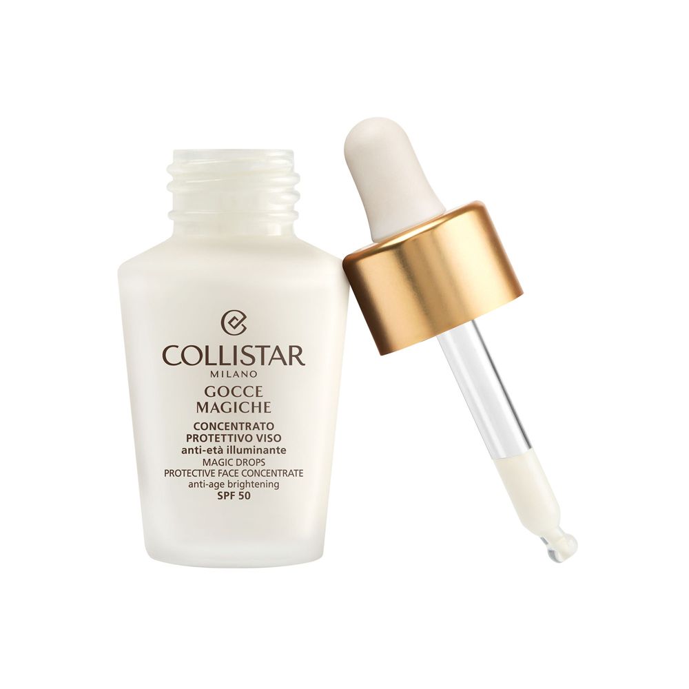 Flacone bianco con tappo dorato e pipetta. Pipetta accanto al flacone. Scritta: Collistar, Gocce Magiche.