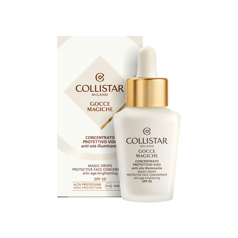 Confezione e flacone. Scritta: Collistar, Gocce Magiche, Protective Drops, SPF 50. Confezione bianca.