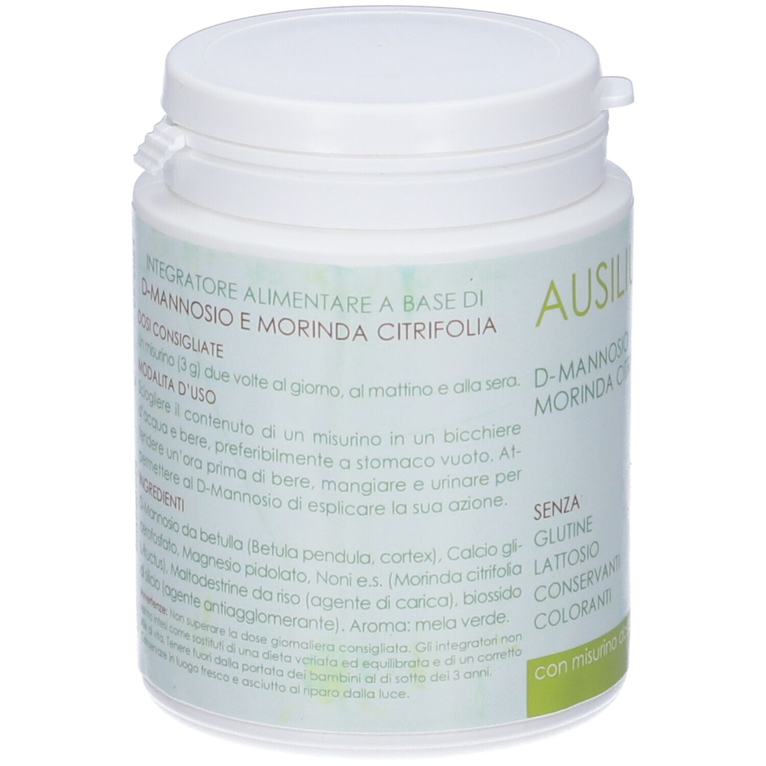Barattolo bianco. Testo: 'Ausilium Forte'. Retro con informazioni ingredienti e istruzioni. 'D-Mannosio e Moringa Citrifolia'.
