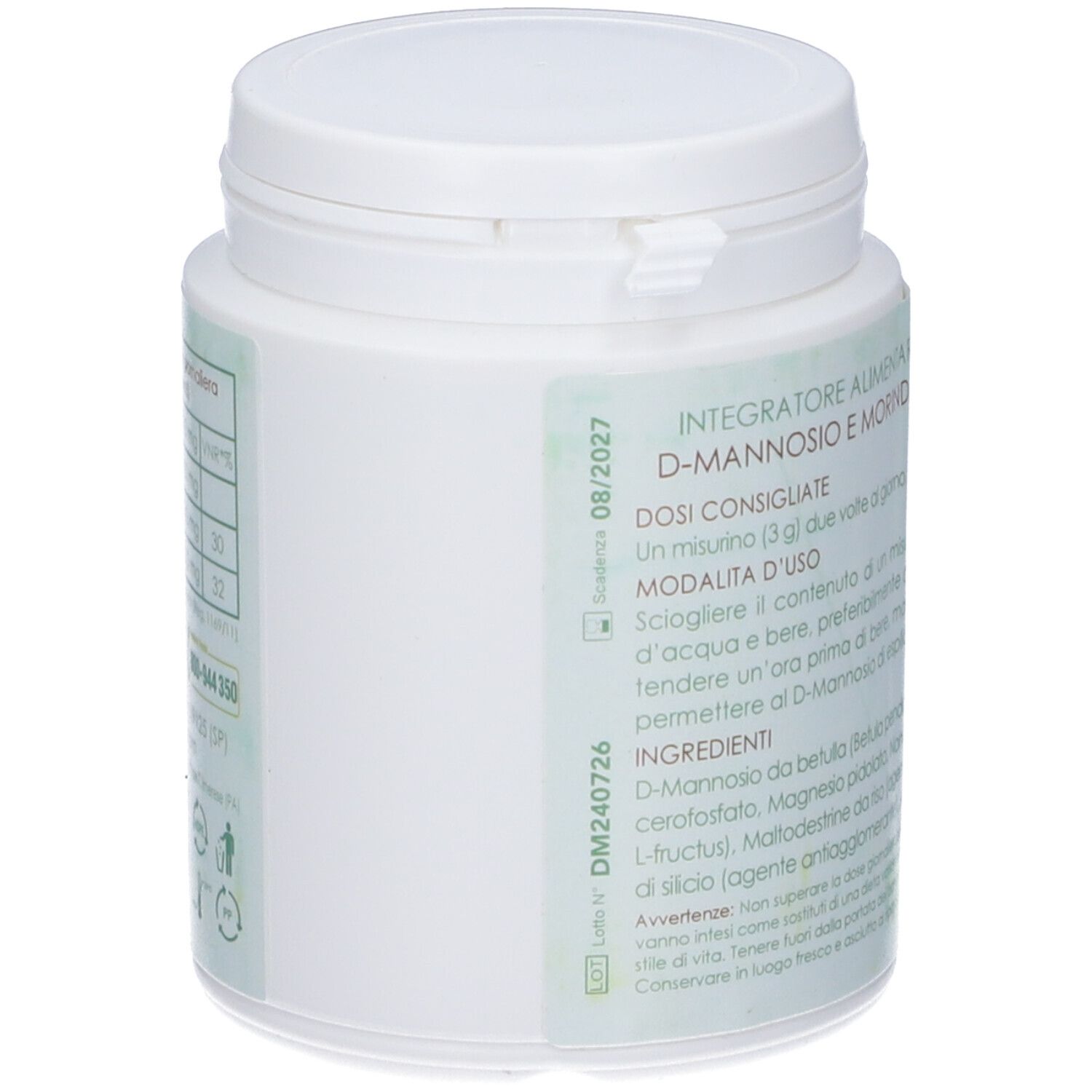 Barattolo bianco. Retro con informazioni e data di scadenza. Testo: 'D-Mannosio e Moringa Citrifolia'.