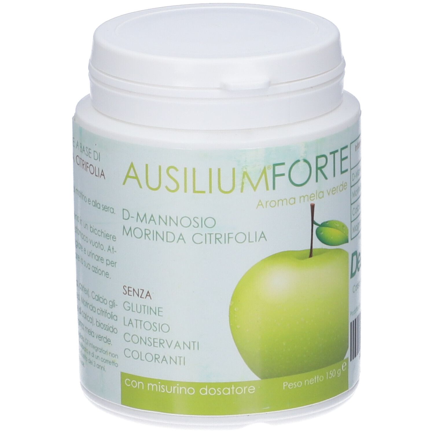 Barattolo bianco. Scritta 'Ausilium Forte'. Illustrazione mela verde. Testo 'Aroma mela verde'. Contiene misurino.