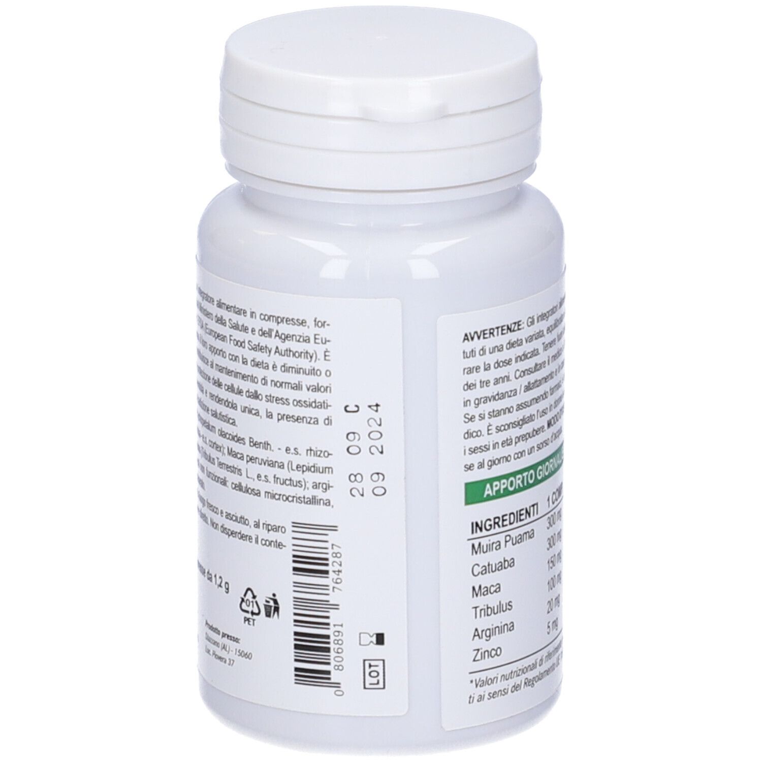 Retro di un flacone bianco con compresse. Scritte: Ingredienti, avvertenze, data di scadenza. Ippocampo.
