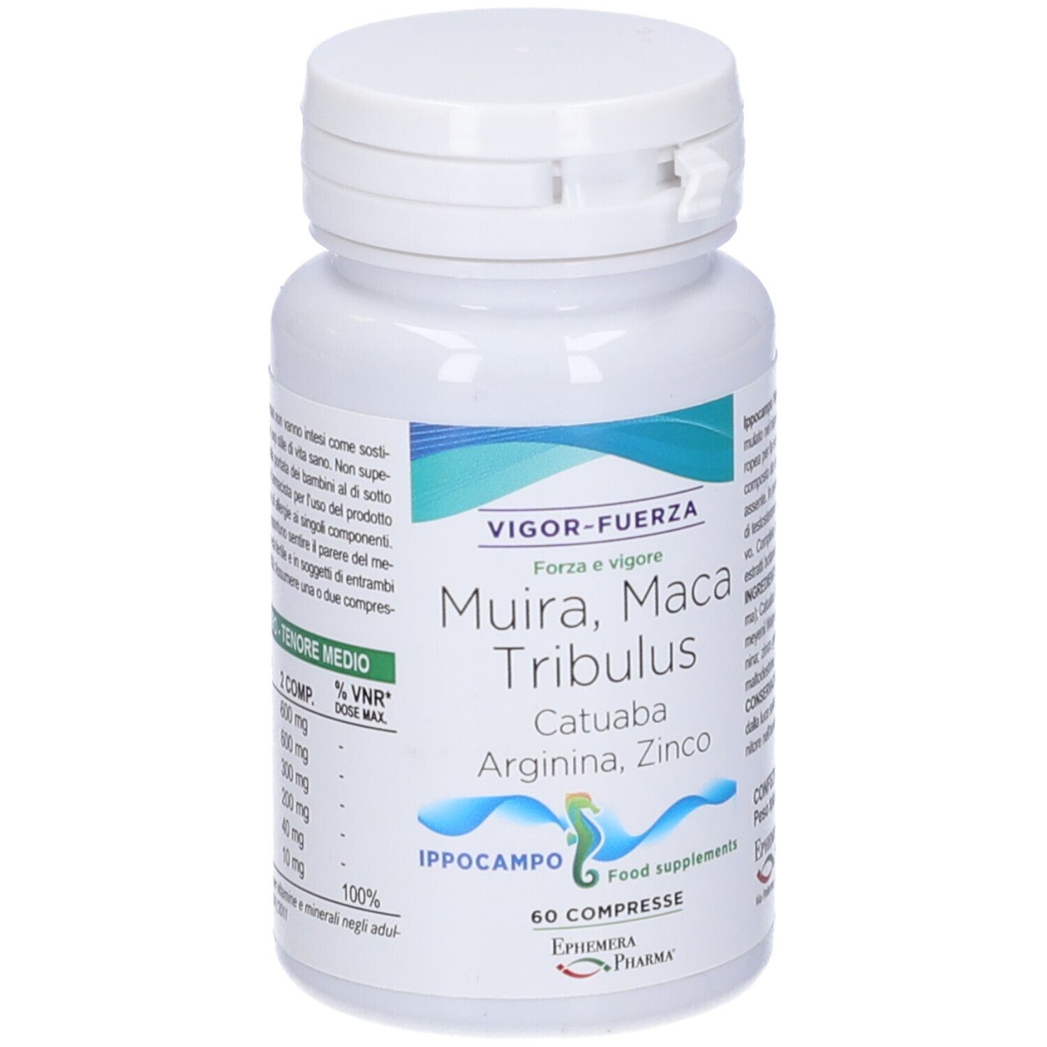 Flacone bianco con compresse. Scritte: Vigor-Fuerza, Muira, Maca, Tribulus, Catuaba, Arginina, Zinco. 60 compresse. Ippocampo.