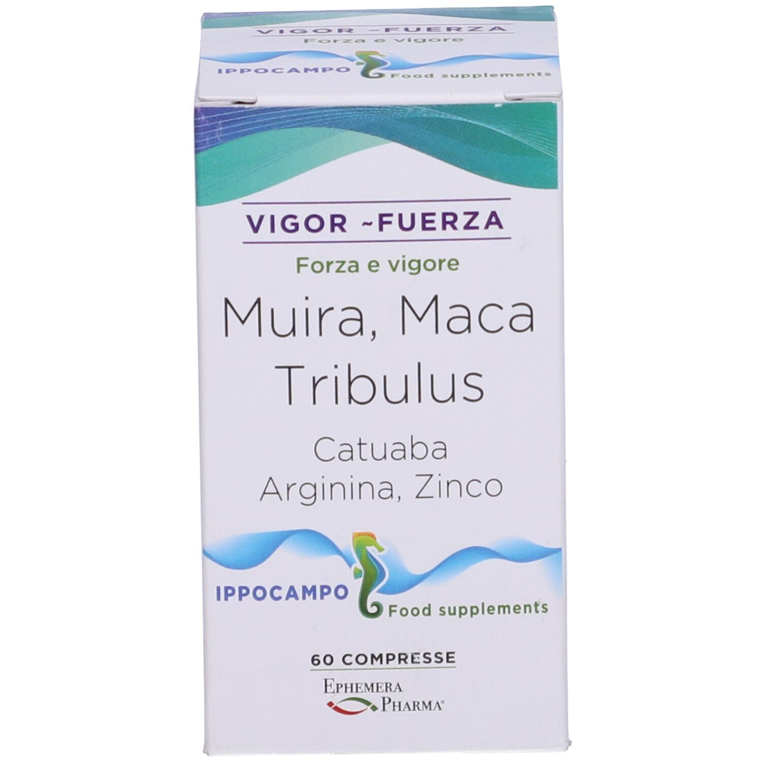 Confezione del prodotto. Scritte: Vigor-Fuerza, Muira, Maca, Tribulus, Catuaba, Arginina, Zinco. 60 compresse. Ippocampo.