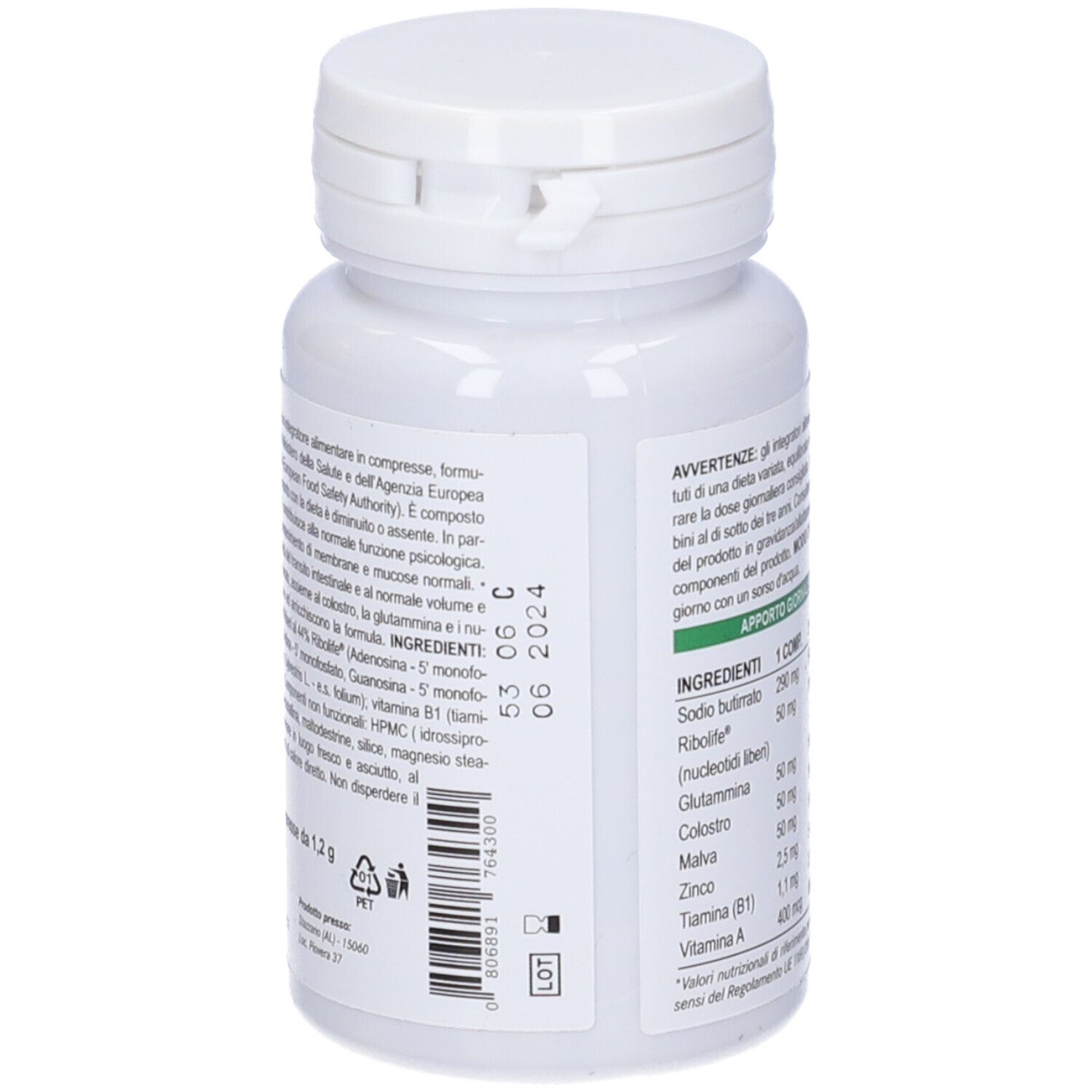 Retro di un flacone bianco di compresse. Testo in italiano. Contiene informazioni sugli ingredienti e avvertenze.