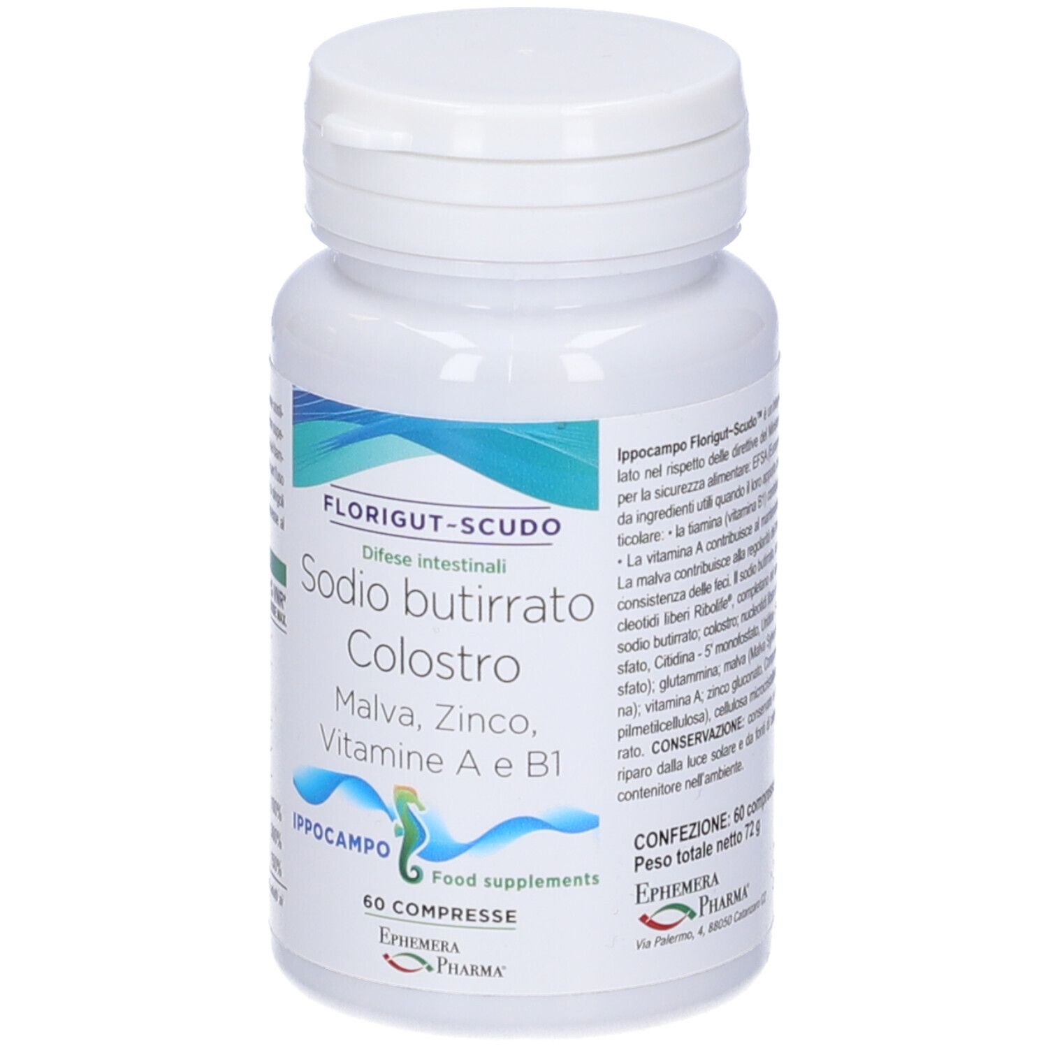 Flacone bianco di compresse. Scritte: Florigut-Scudo, Sodio butirrato, Colostro, Malva, Zinco, Vitamina A e B1. 60 compresse.