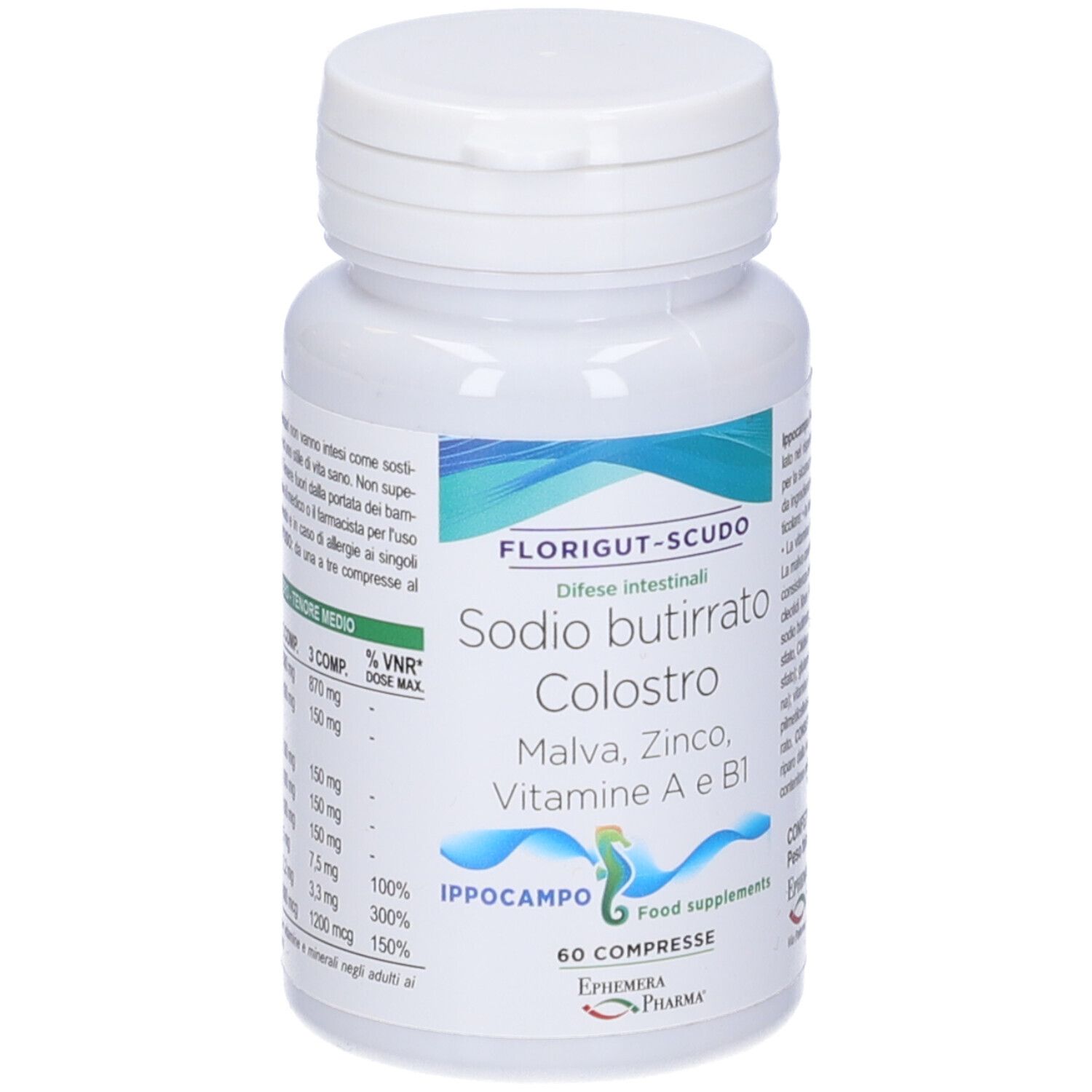Flacone bianco di compresse. Scritte: Florigut-Scudo, Sodio butirrato, Colostro, Malva, Zinco, Vitamina A e B1. 60 compresse.