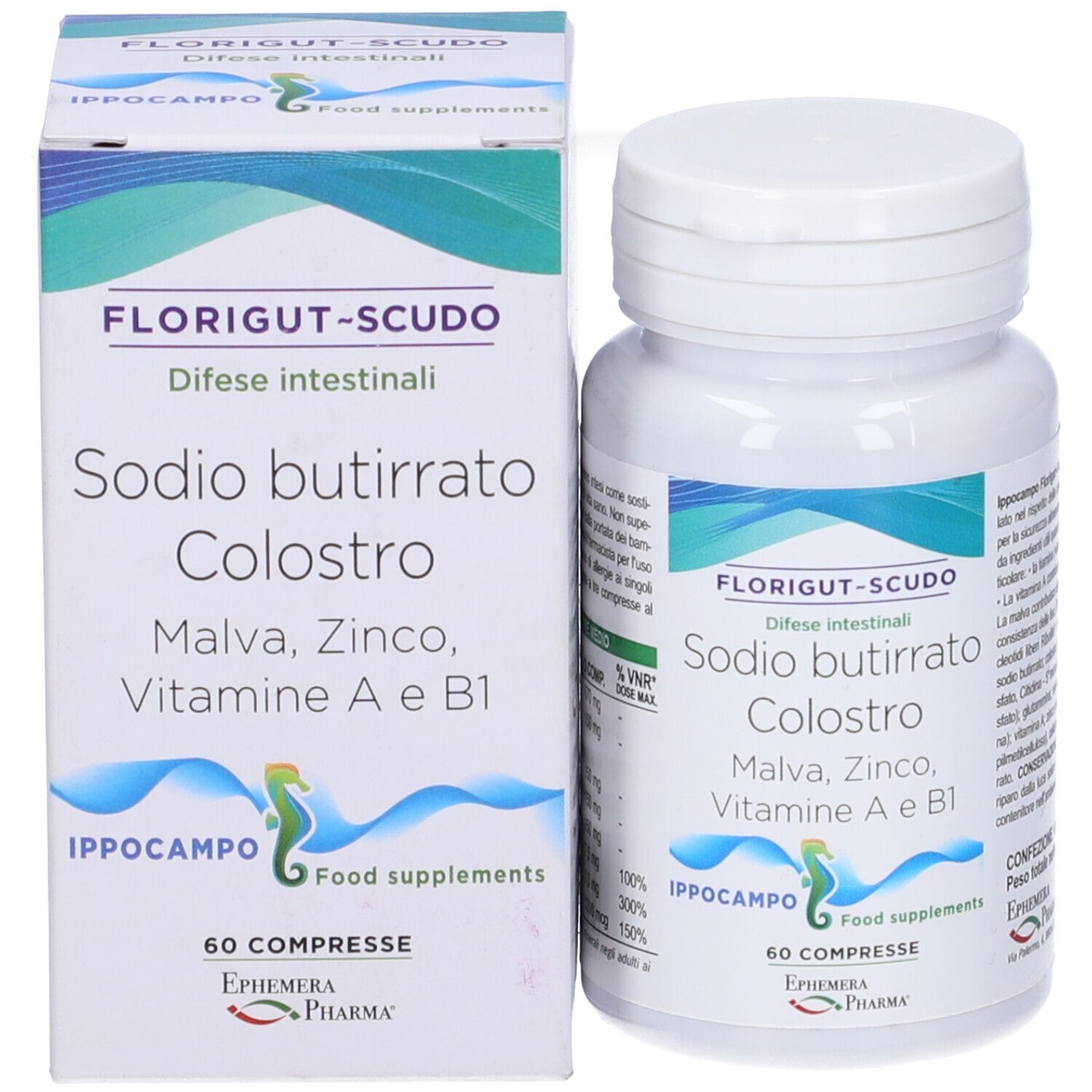 Confezione del prodotto e flacone di compresse. Scritte: Florigut-Scudo, Sodio butirrato, Colostro, Malva, Zinco, Vitamina A e B1. 60 compresse.