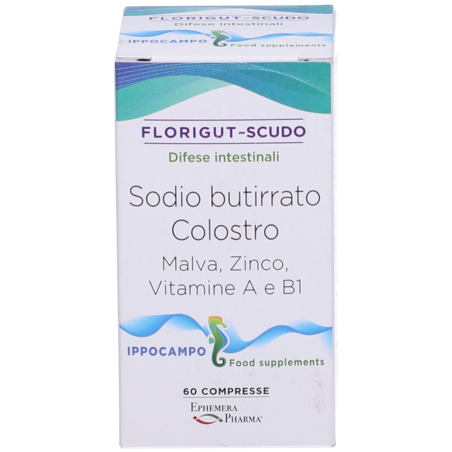 Confezione del prodotto. Scritte: Florigut-Scudo, Sodio butirrato, Colostro, Malva, Zinco, Vitamina A e B1. 60 compresse.