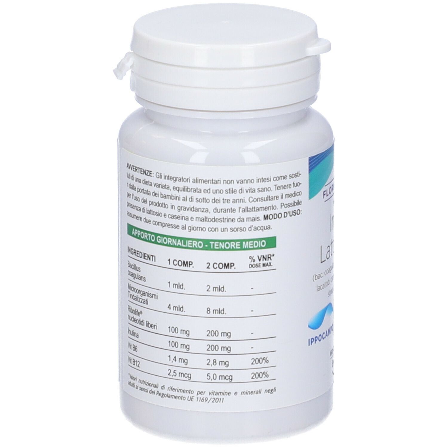 Retro del flacone bianco. Testo con ingredienti e informazioni nutrizionali. Marchio: Ippocampo.