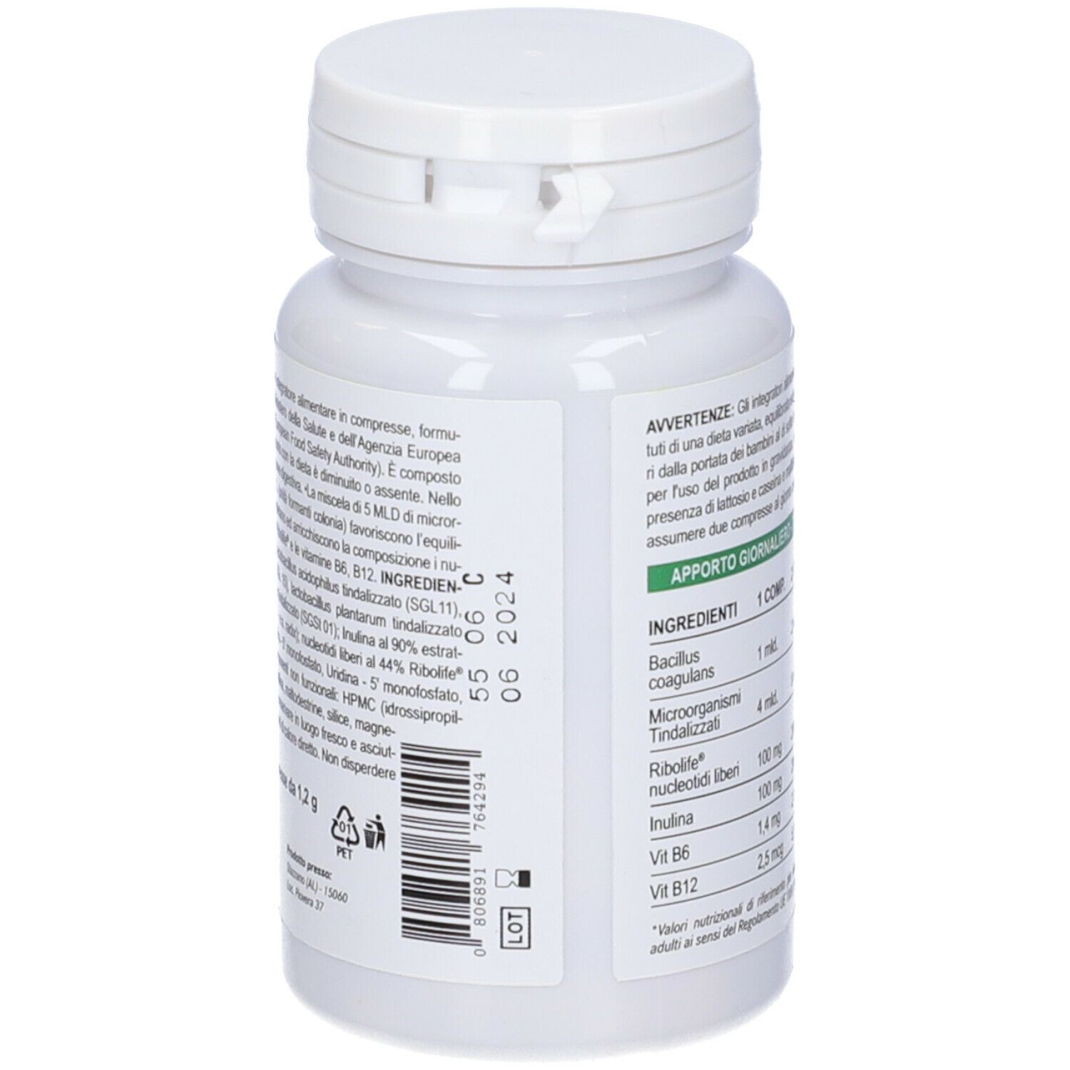 Retro del flacone bianco. Testo con ingredienti e informazioni nutrizionali. Marchio: Ippocampo.