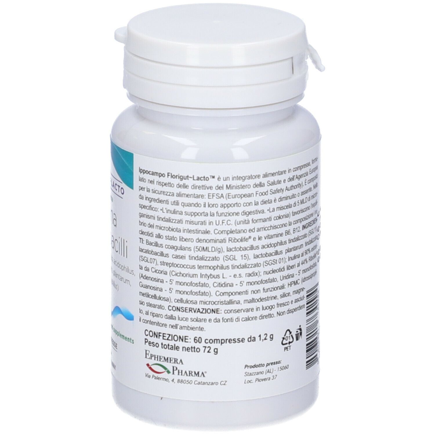 Flacone bianco con testo sugli ingredienti e informazioni nutrizionali. Marchio: Ippocampo.