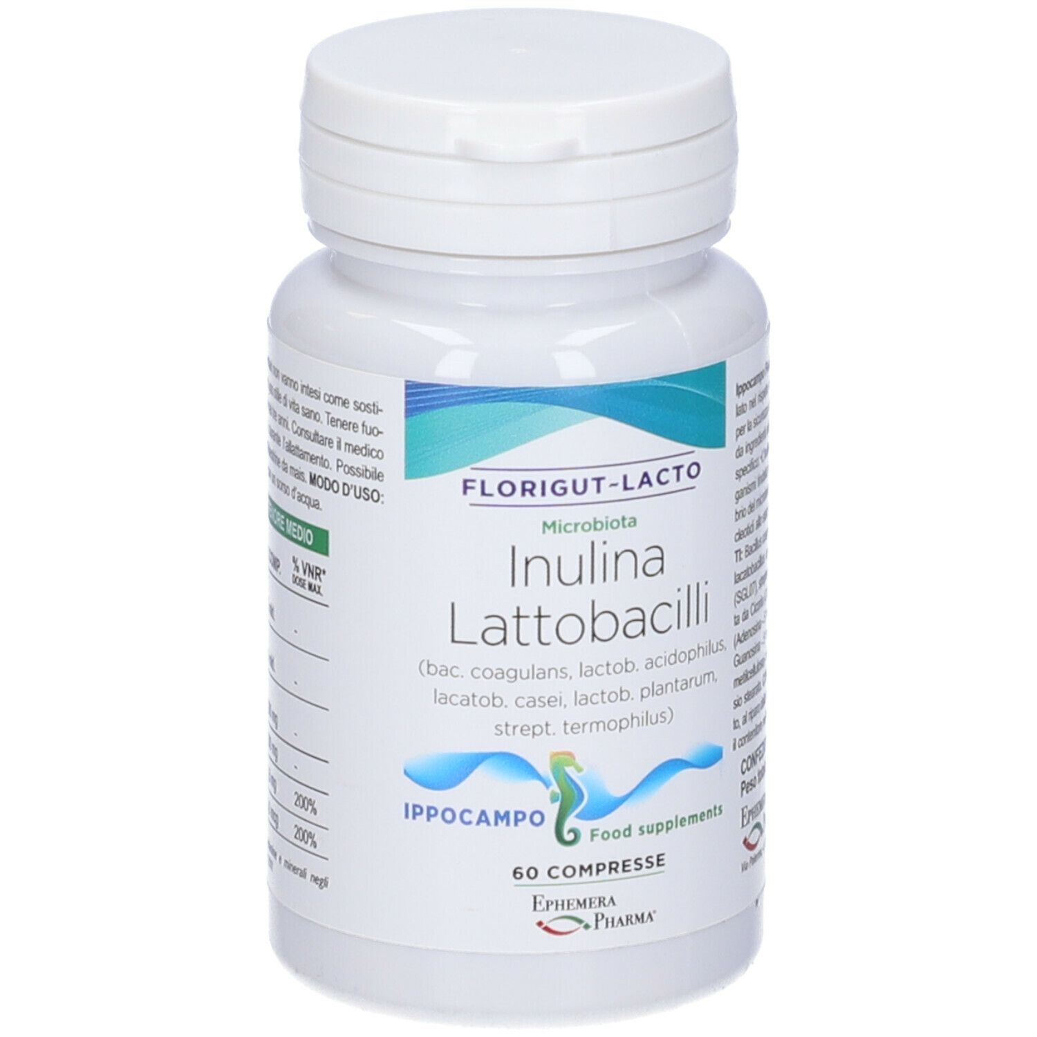 Flacone bianco con capsule. Scritta: Florigut-Lacto, Inulina Lattobacilli, 60 compresse. Marchio: Ippocampo.