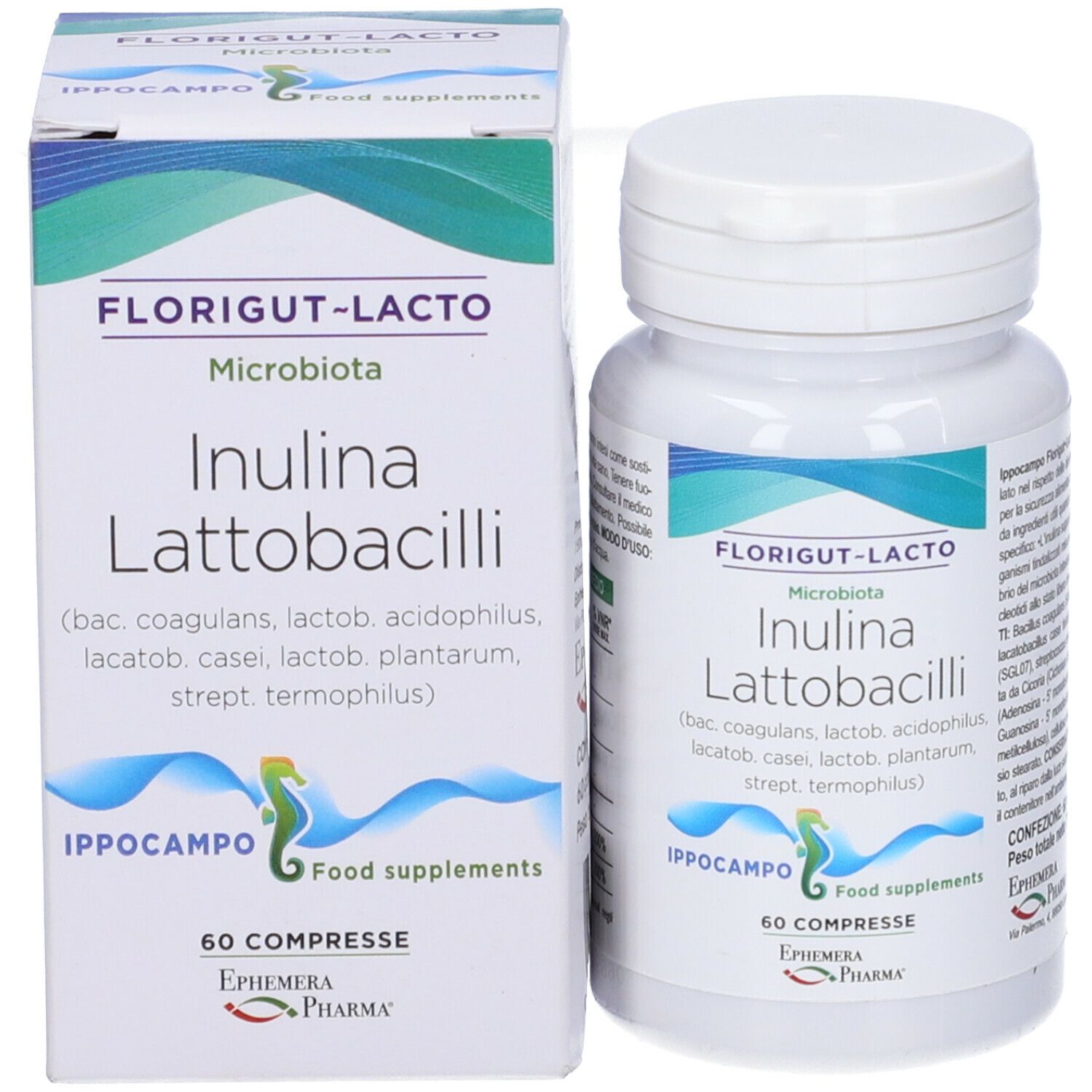 Confezione del prodotto con flacone e scatola. Scritta: Florigut-Lacto, Inulina Lattobacilli, 60 compresse. Marchio: Ippocampo.