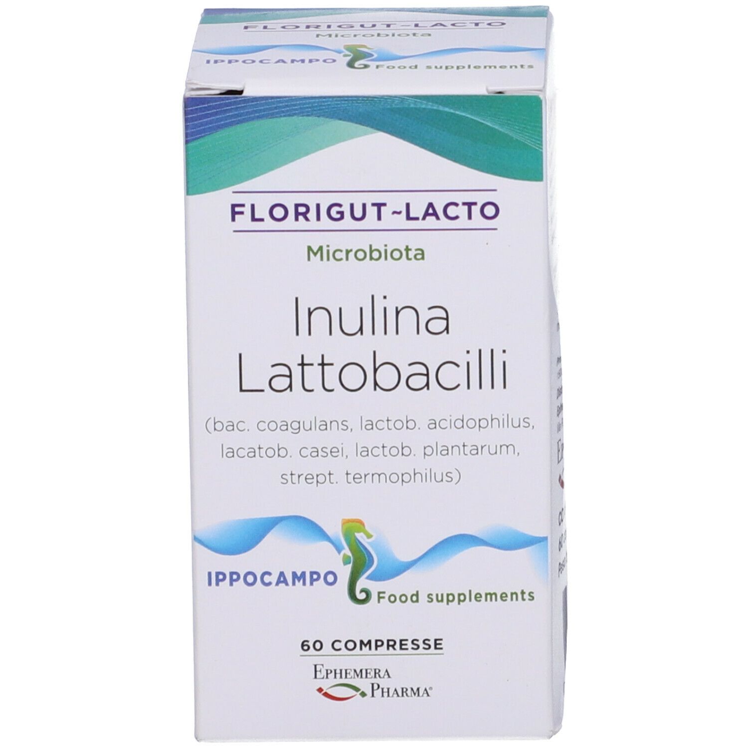 Confezione del prodotto. Scritta: Florigut-Lacto, Inulina Lattobacilli, 60 compresse. Marchio: Ippocampo.