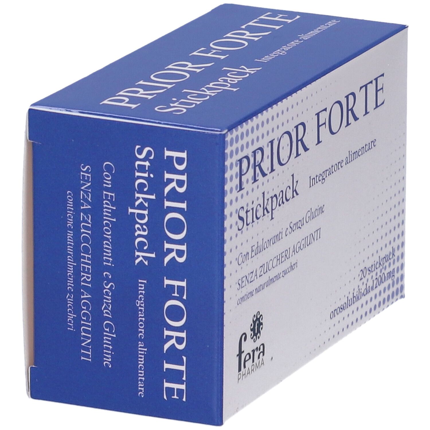 Scatola "Prior Forte Stickpack" in prospettiva. Confezione blu e bianca. Testo e logo Fera Pharma.