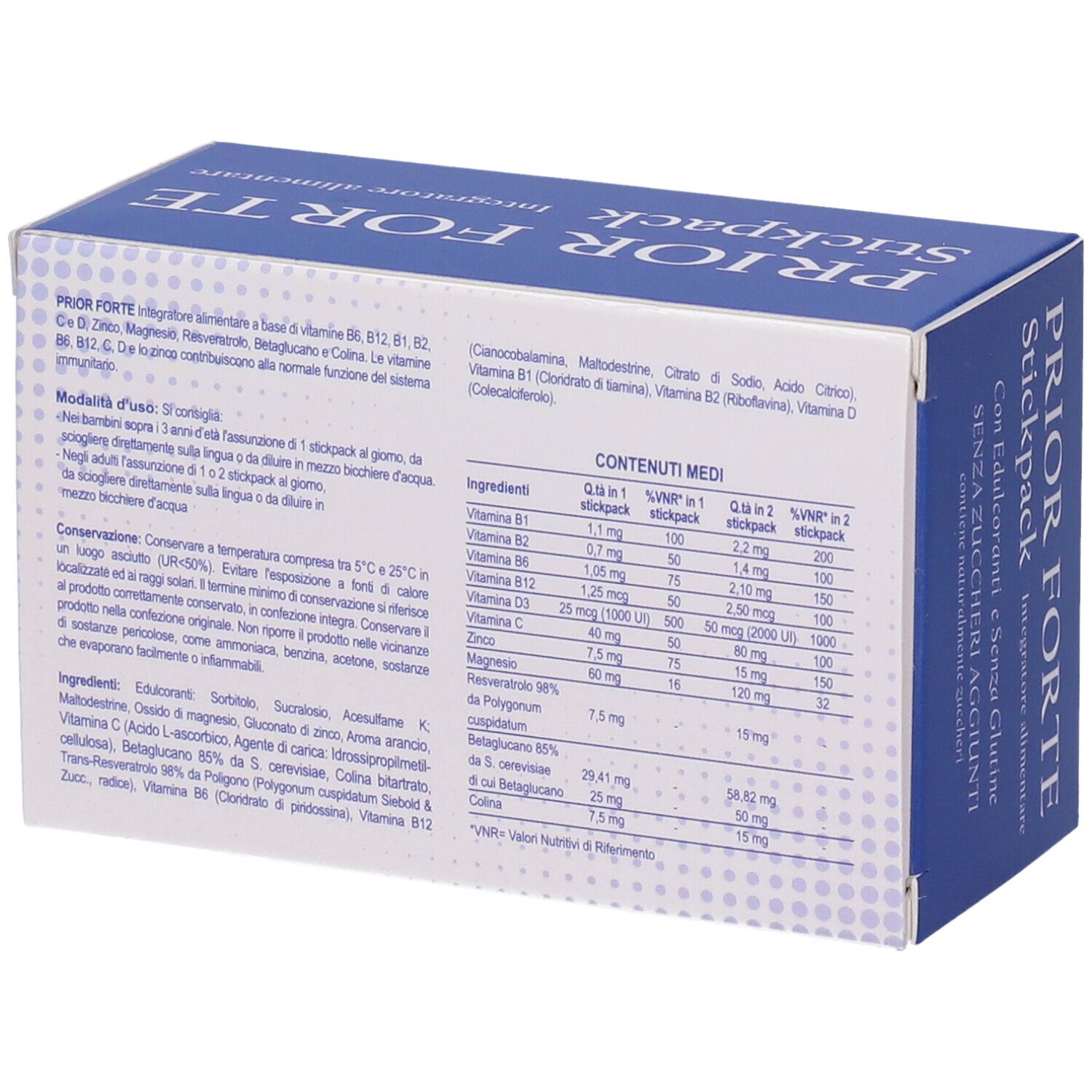 Retro della scatola "Prior Forte Stickpack". Contiene informazioni sugli ingredienti e i valori nutrizionali.