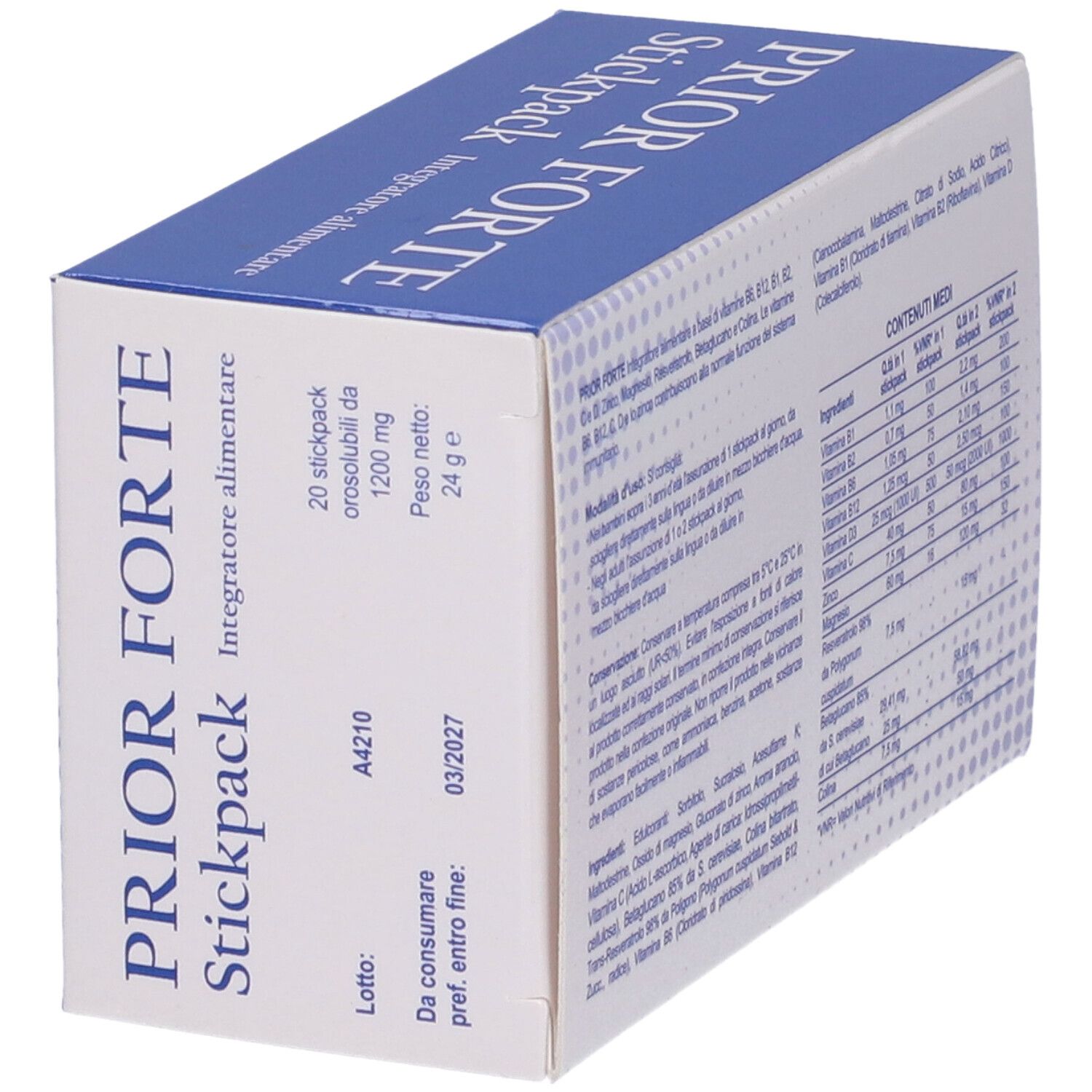 Scatola "Prior Forte Stickpack" in prospettiva. Contiene 20 stick. Peso 24 g. Data di scadenza.