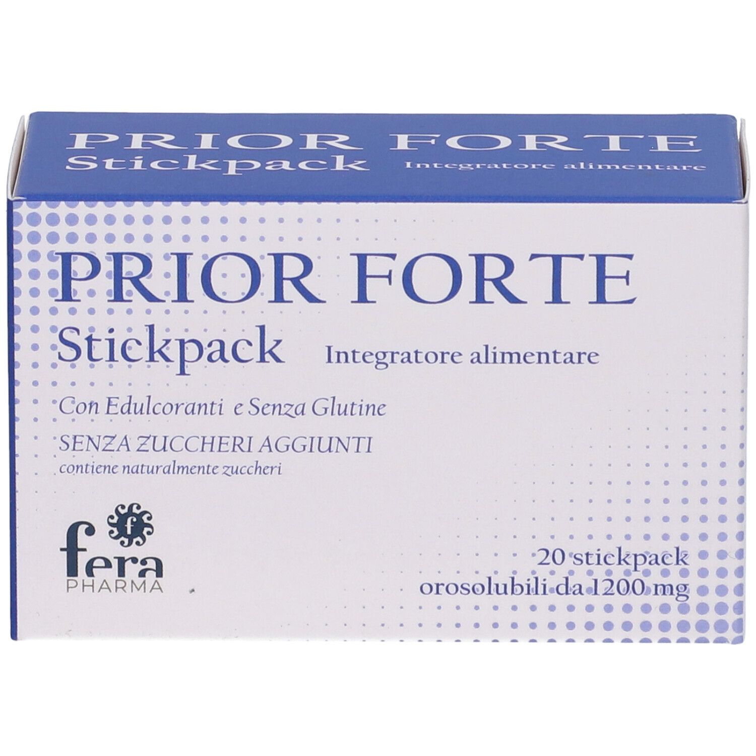 Scatola "Prior Forte Stickpack". Confezione bianca e blu. Contiene 20 stick. Marchio Fera Pharma.