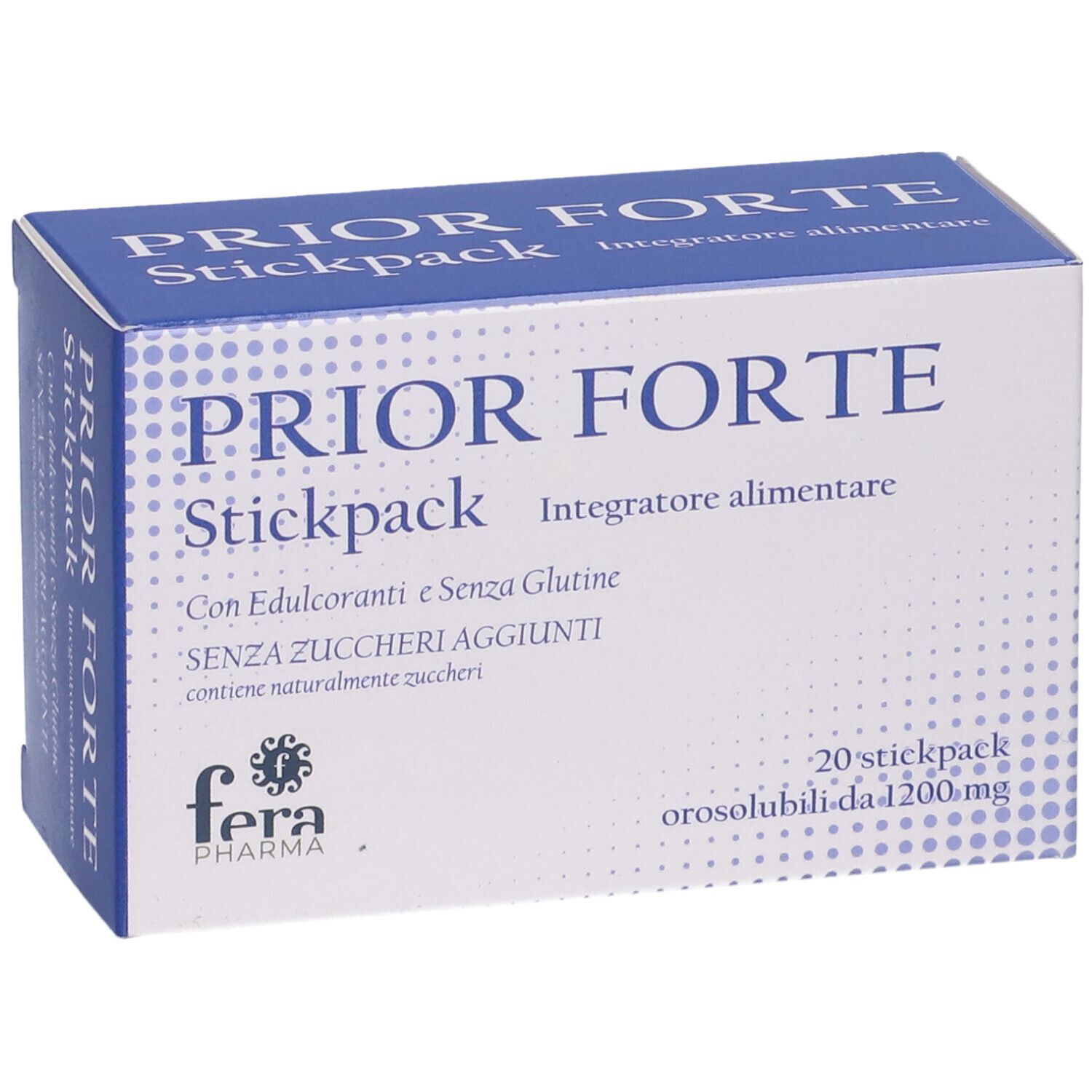 Scatola "Prior Forte Stickpack". Confezione bianca e blu. Contiene 20 stick. Marchio Fera Pharma.