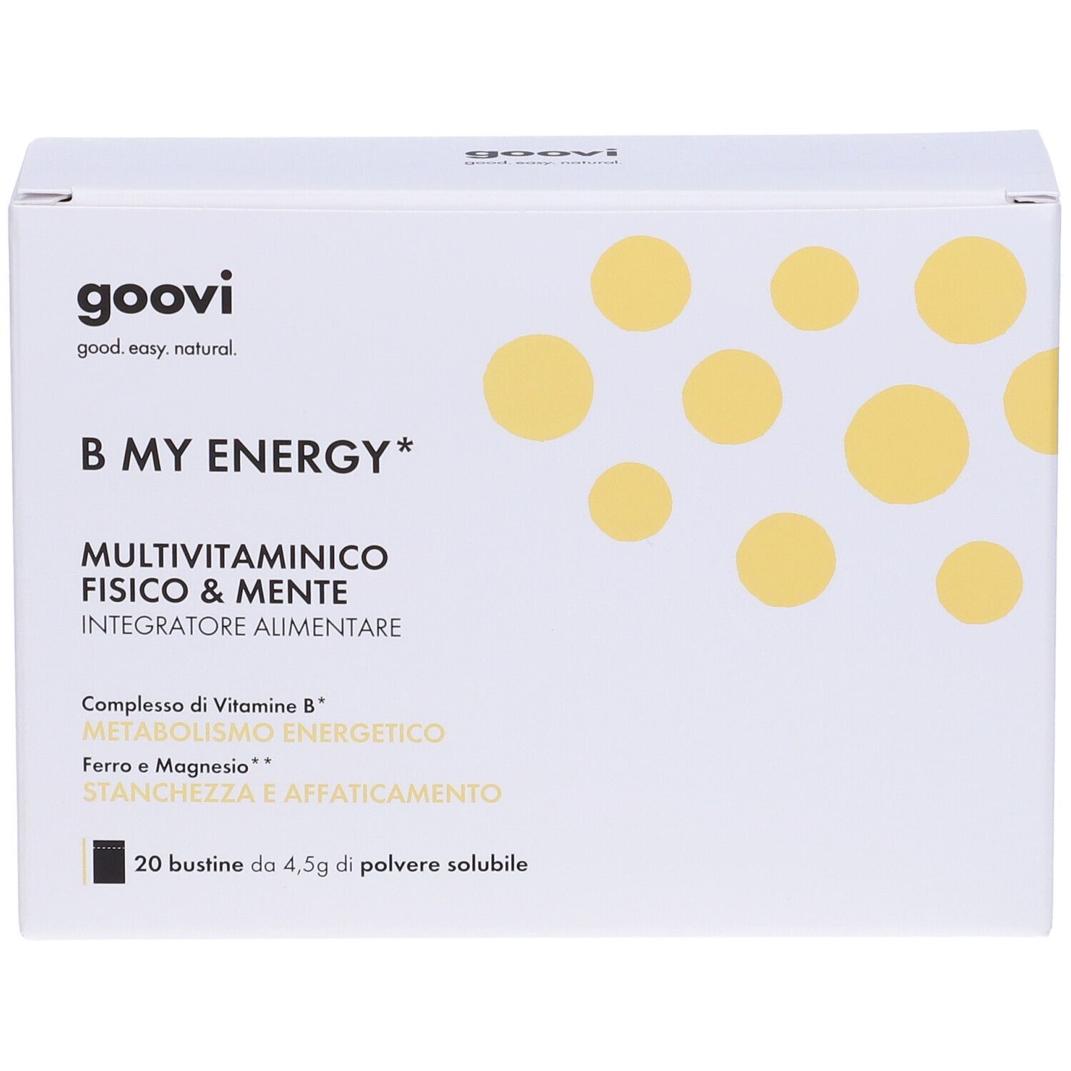 Scatola bianca con cerchi gialli. Scritto: Goovi B My Energy Multivitaminico. 20 bustine di polvere solubile.