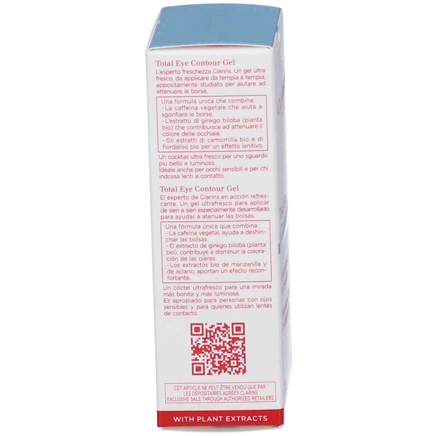 Scatola Clarins Total Eye Contour Gel lato con testo